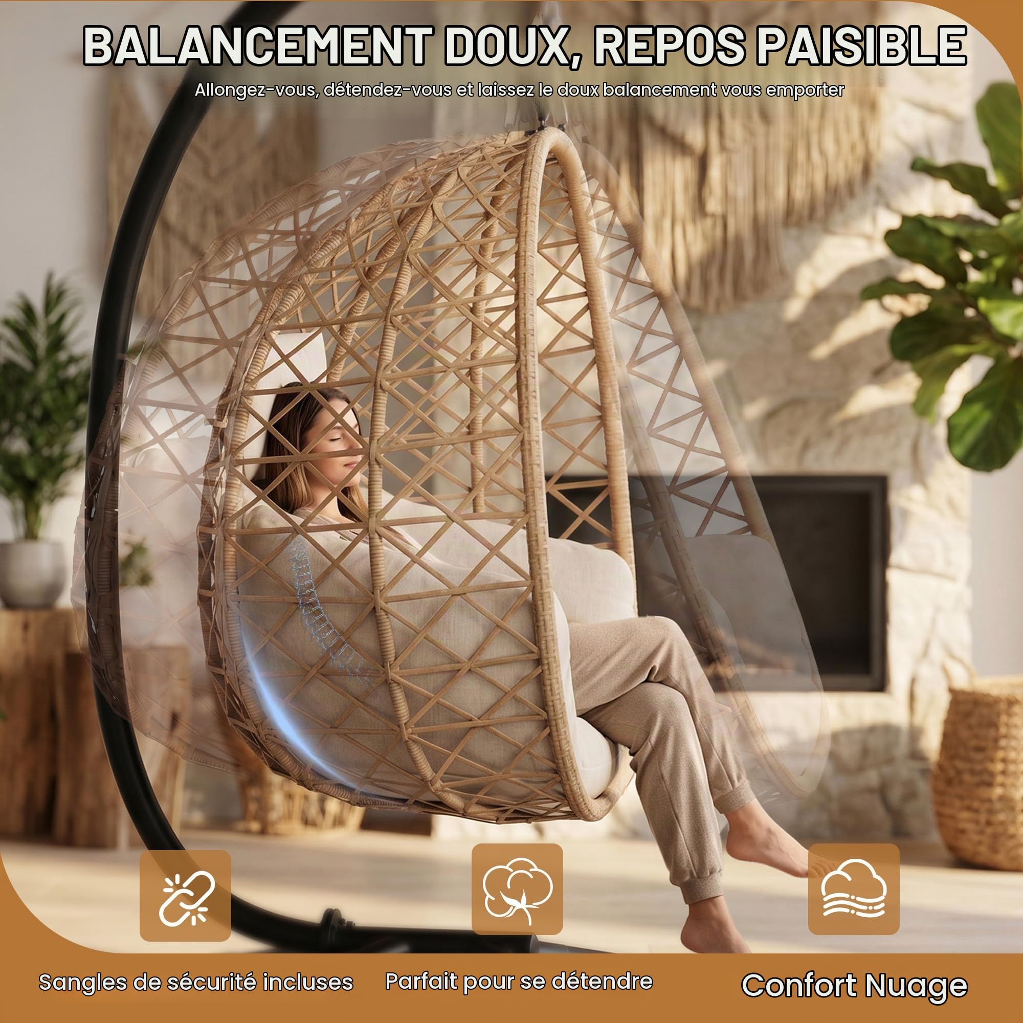 UDPATIO Fauteuil Suspendu Exterieur Oeuf Suspendu Exterieur Jardin avec Support, Capacité 160 kg, Coussin Épais 18 cm, Rotin PE, pour Jardin Balcon Terrasse, Beige