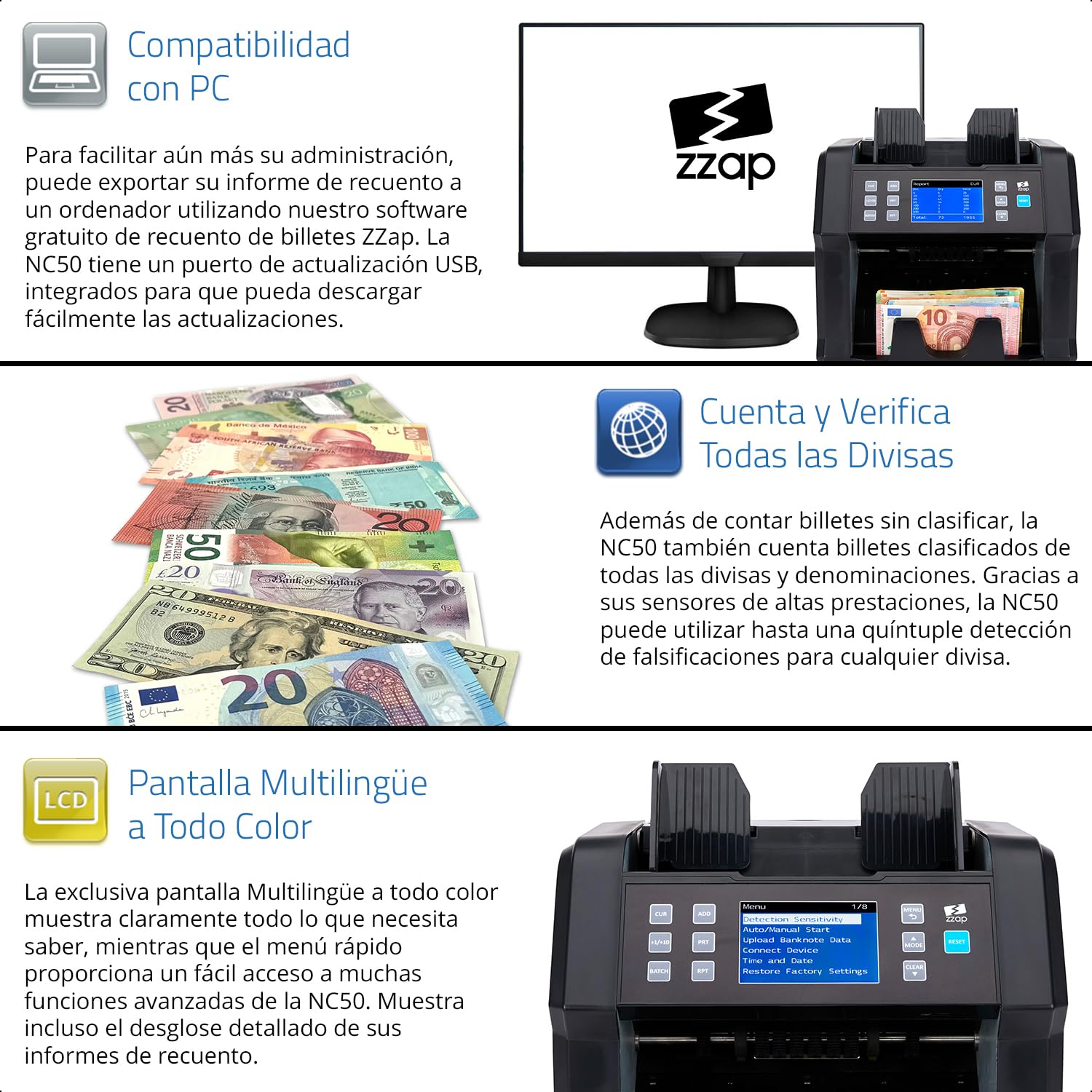 ZZap NC50 Contadora de Billetes y Detector de Falsificaciones - Contadora de Valor para Denominaciones Mixtas - Máquina de Efectivo