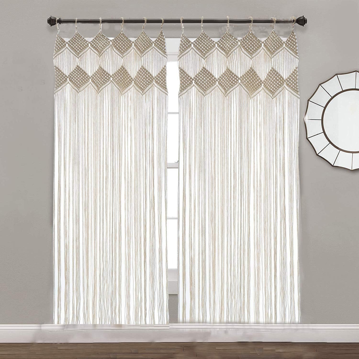 Macrame Curtains with Wood Rings Handwoven Doorway/Window Panel Room Divider Boho Bedroom Bathroom Curtain, 31.5" L x 82.6" H(No Curtain Rod)