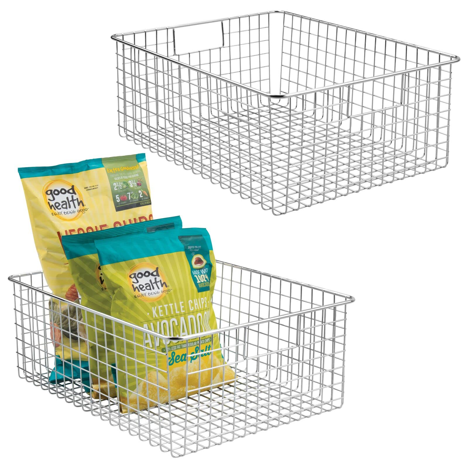 mDesign caja de metal versátil (juego de 2) - cesta de almacenamiento de alambre grande para cocina, despensa, etc. - cesta de metal compacta multiusos con asas - cromo