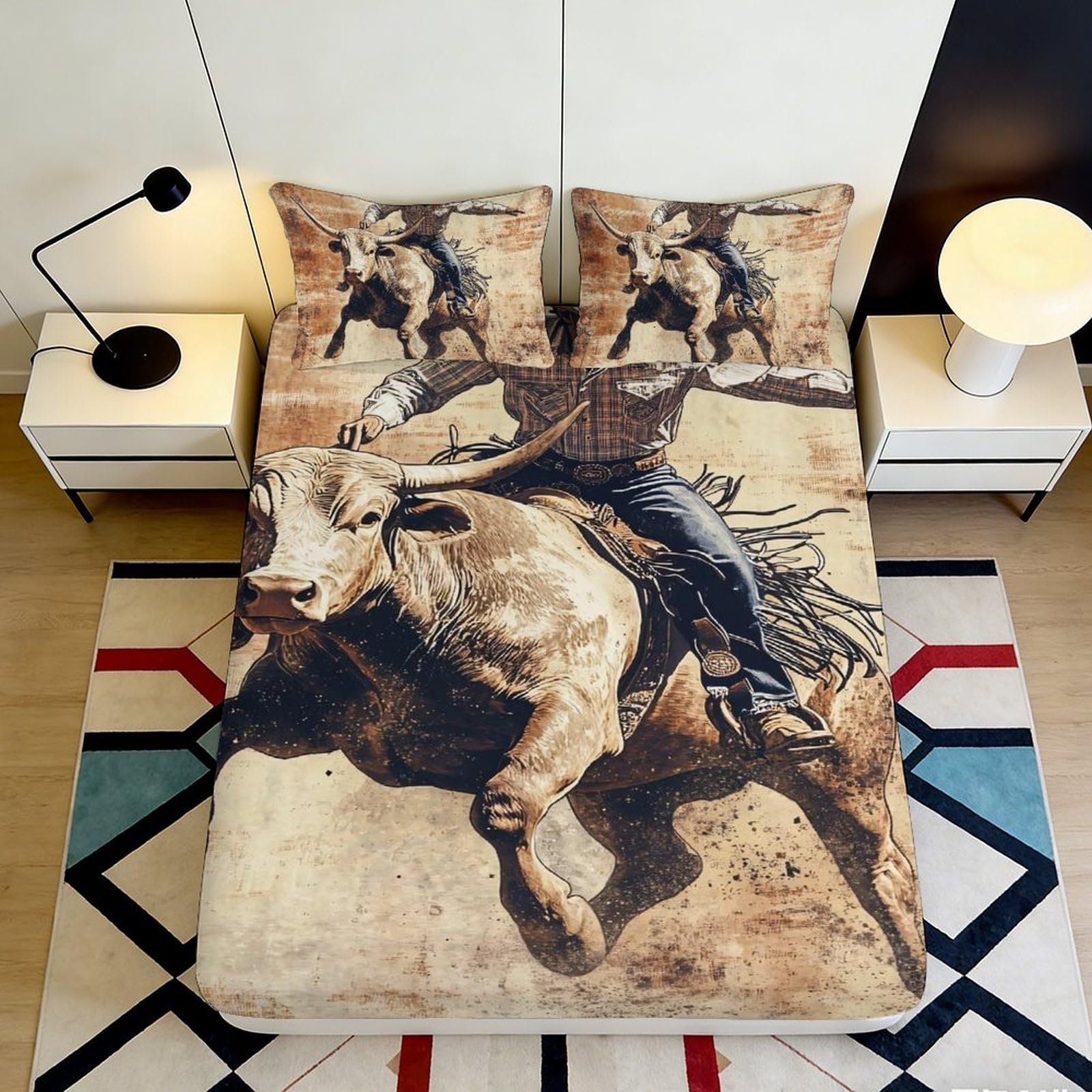 3D Printed Cowboy Bull Riding Fitted Sheet Microfiber Anti-Slip Mattress Cover for Bedroom Guestroom Decor 120x200cm 120x200x25cm