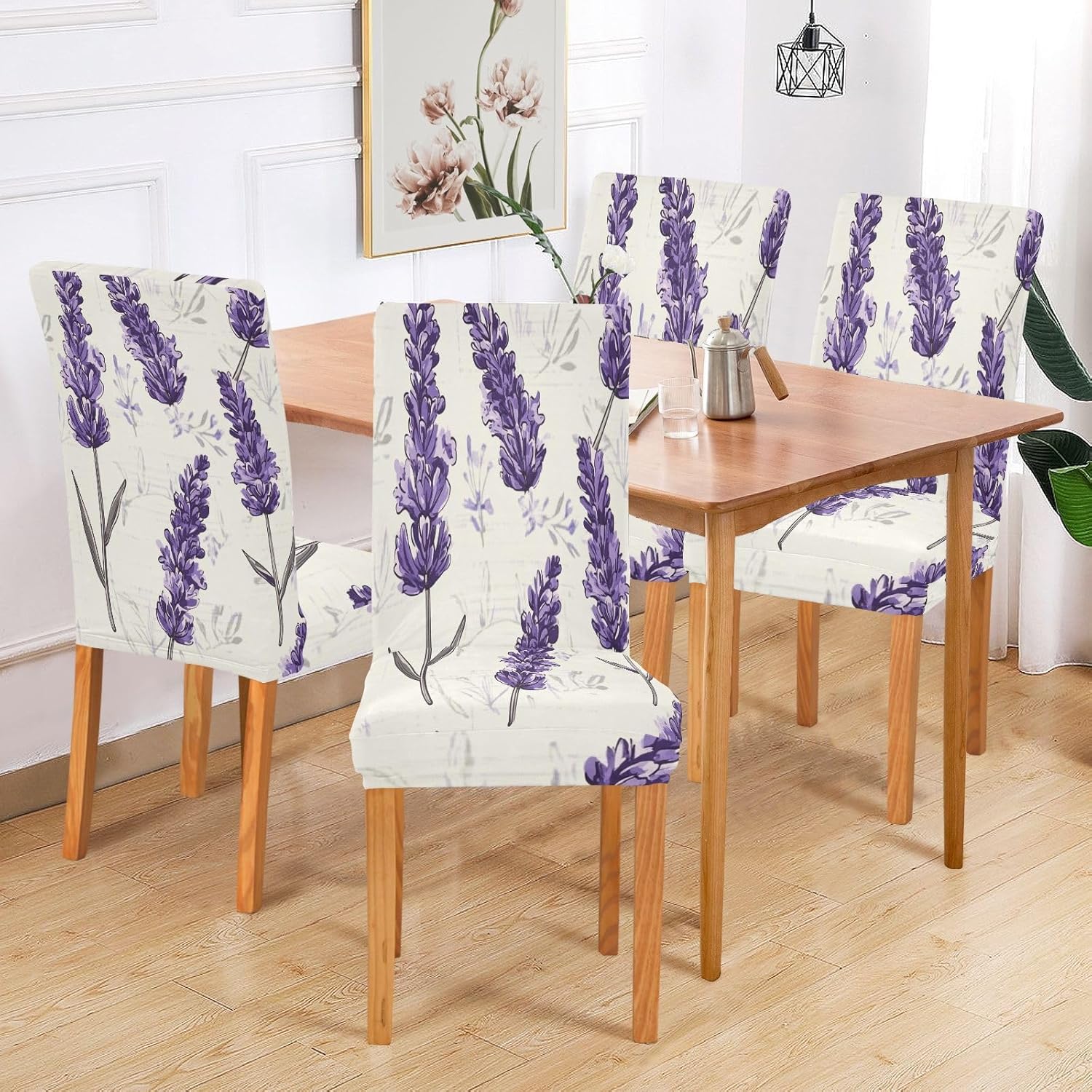 ALAZA Chair Covers for Dining Room, Cute Lavender Flower Stretch Chair Cover Sets Chair Protector Removable Washable for Ktichen Restaurant Hotel