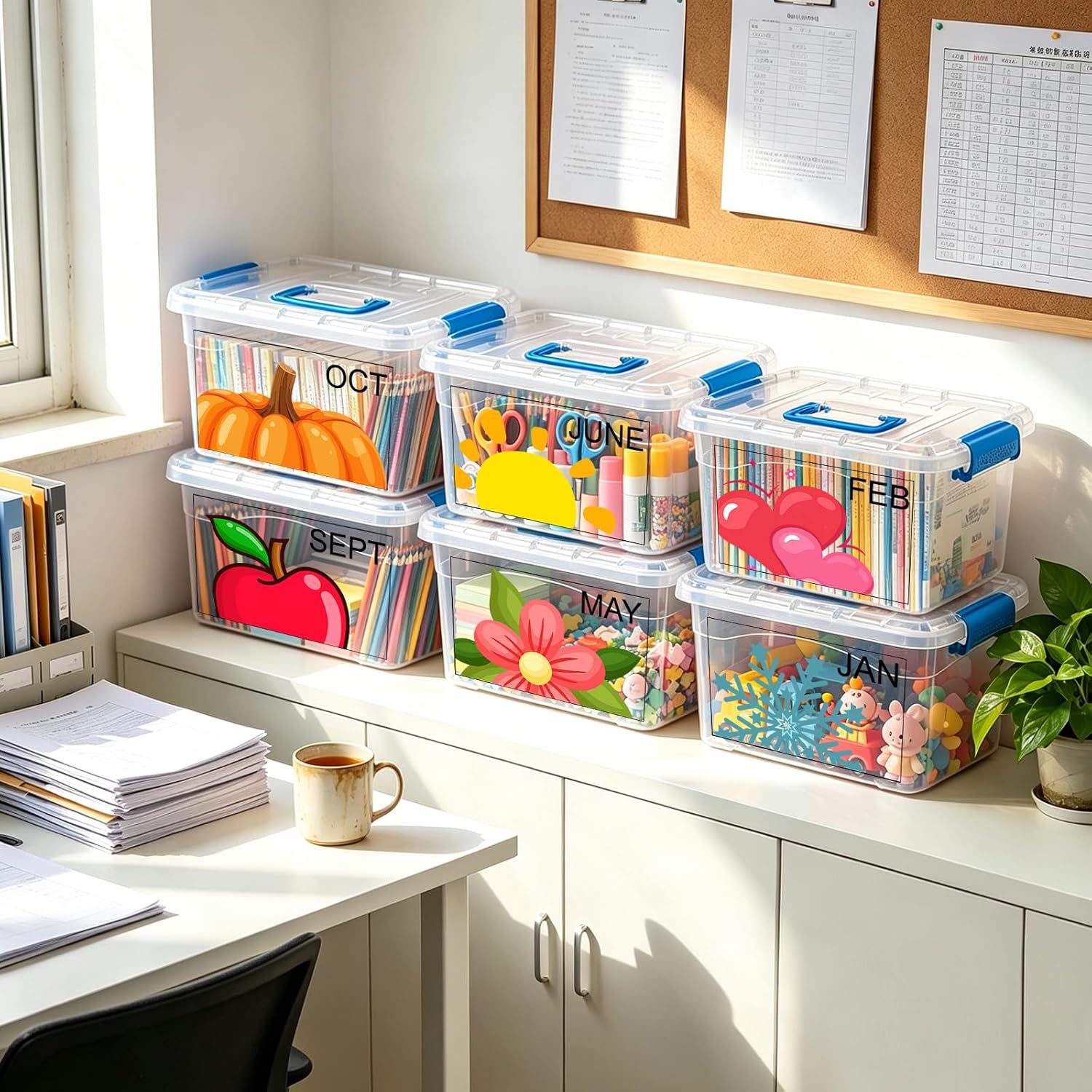 12 Pcs Plastic Monthly Classroom Storage Bins with Seasonal Month Labels image 5