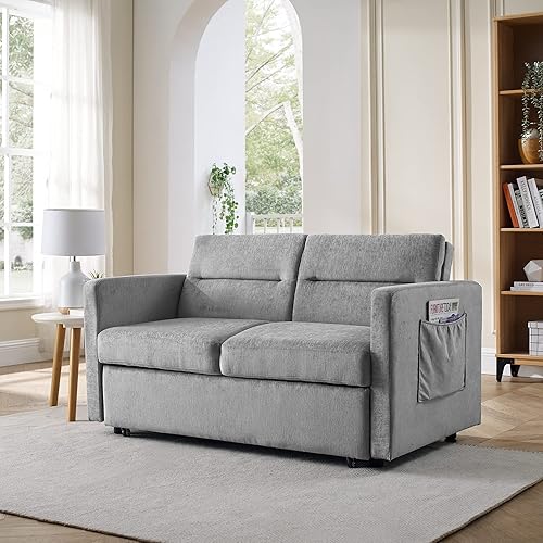 Miniatura 3 de Sofá cama convertible moderno de 54.5 pulgadas, dos bolsillos laterales, tela gris con cama extraíble, sofá biplaza y respaldo ajustable para sala