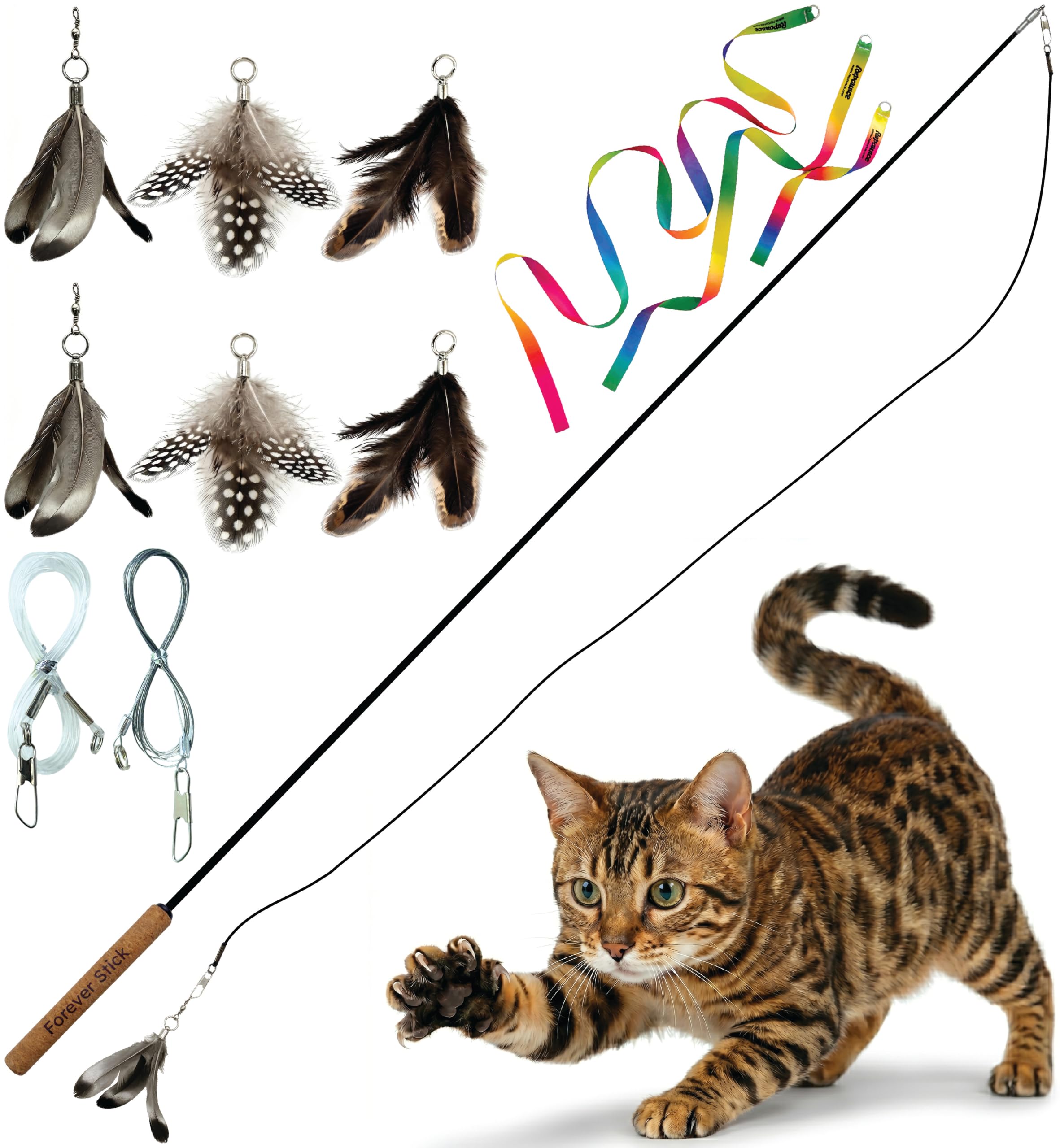 Forever Stick - Paquete de juguetes para gatos – El juguete irrompible para gatos con cuerdas de varita extra para gatos, cintas arcoíris y 6 juguetes de plumas, paquete de juguetes de