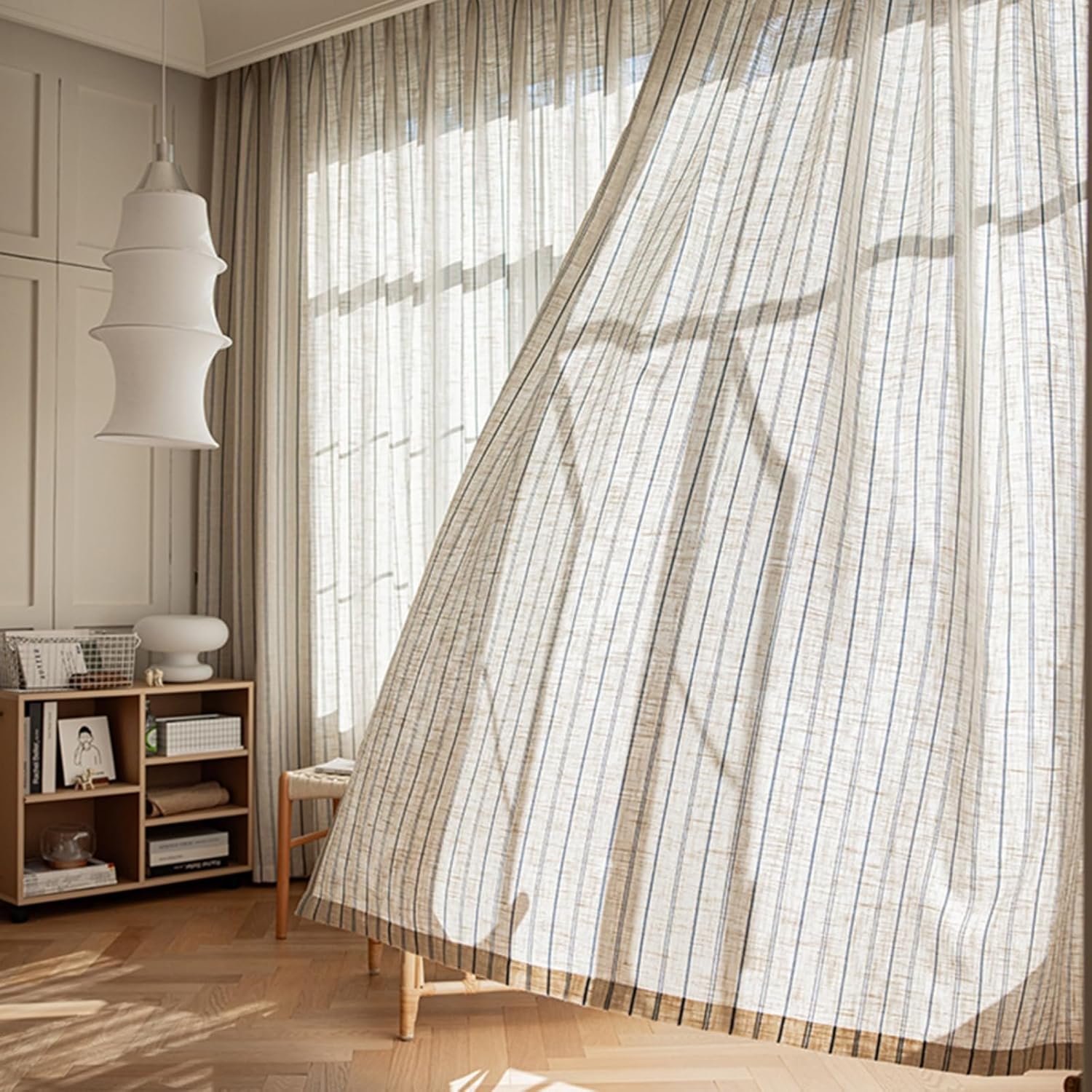 Gxi Blue Striped Linen Sheer Curtain 102 inches Length for Living Room, Rod Pocket Beige Stripe Voile Window Drapes for Bedroom, Dining Room Voile Window Treatment, 2 Panels, 79" Width