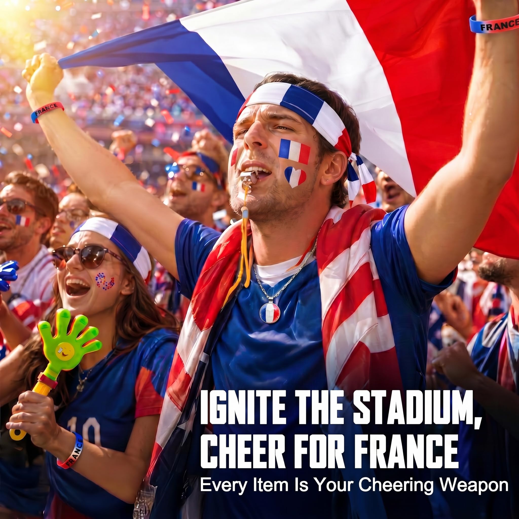 2026 World Cup Fan Accessories Kit 7PCS, Soccer Support Gear Set for Enthusiasts, Flag, Necklace, Wristband, Headband, Clapper, Whistle & Decals, Perfect for Watch Party & Stadium Events (France) - 2
