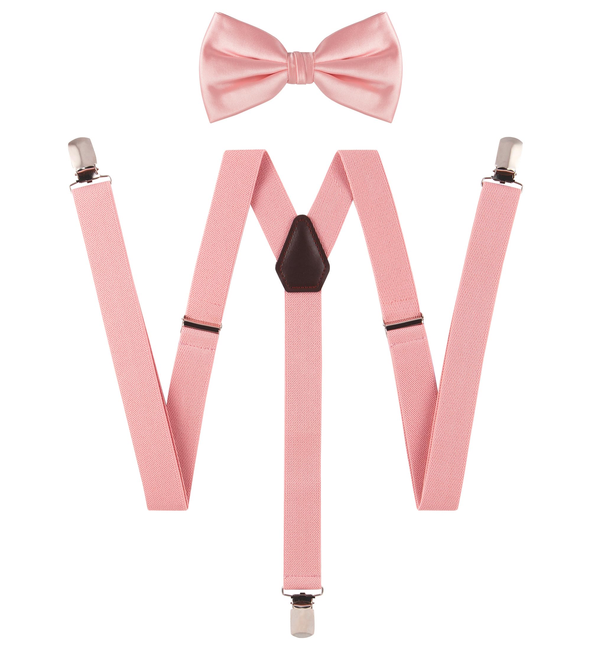 TIE G Solid Color Men's Suspender + Woven Bow Tie Set for Wedding : Vivid Color, Adjustable Brace, Strong Enhanced Clip, Elastic Band (Dusty Rosepink)