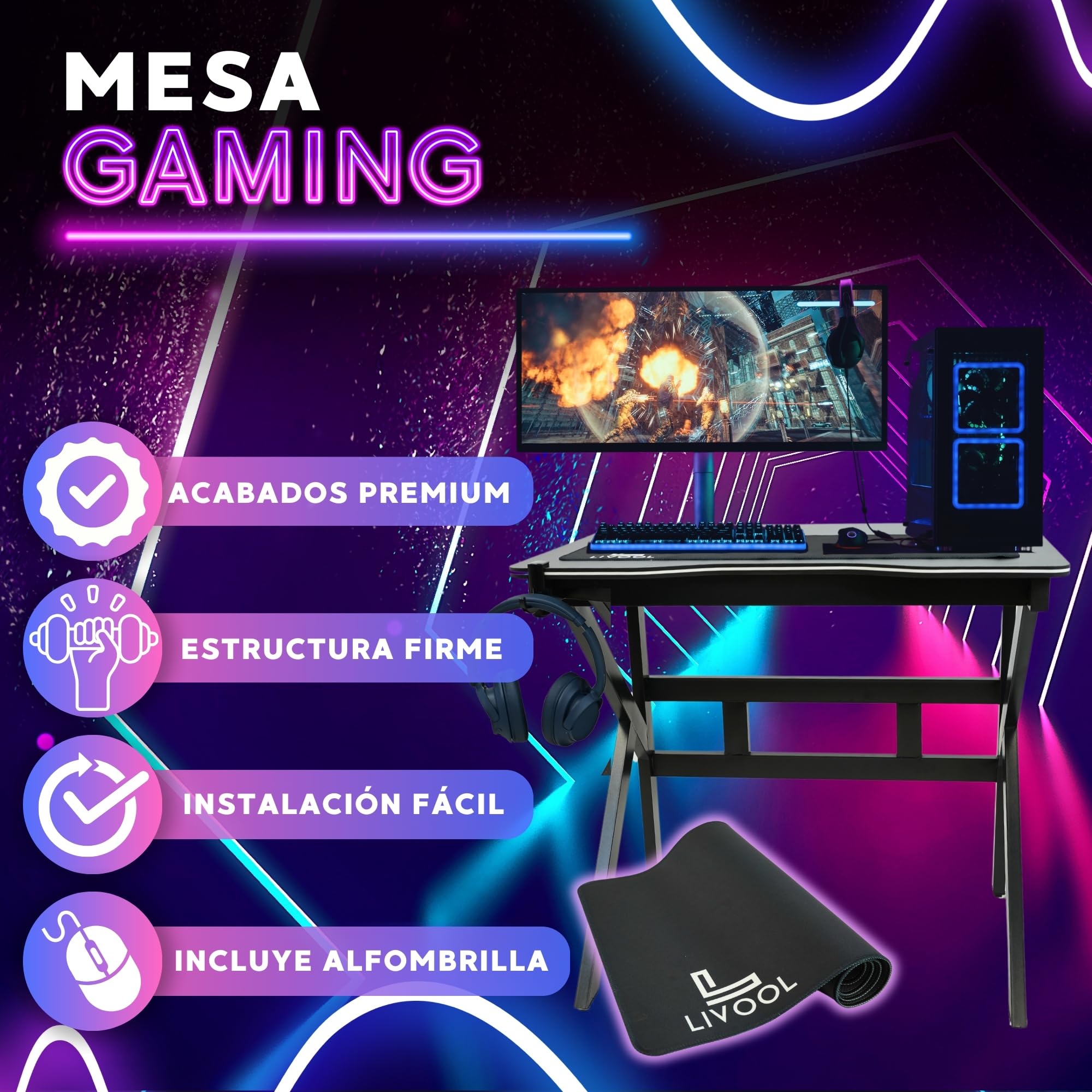 ️ Escritorio Gaming + Alfombrilla XL | Mesa Gaming Acabado en Fibra de Carbono - Escritorio de Oficina