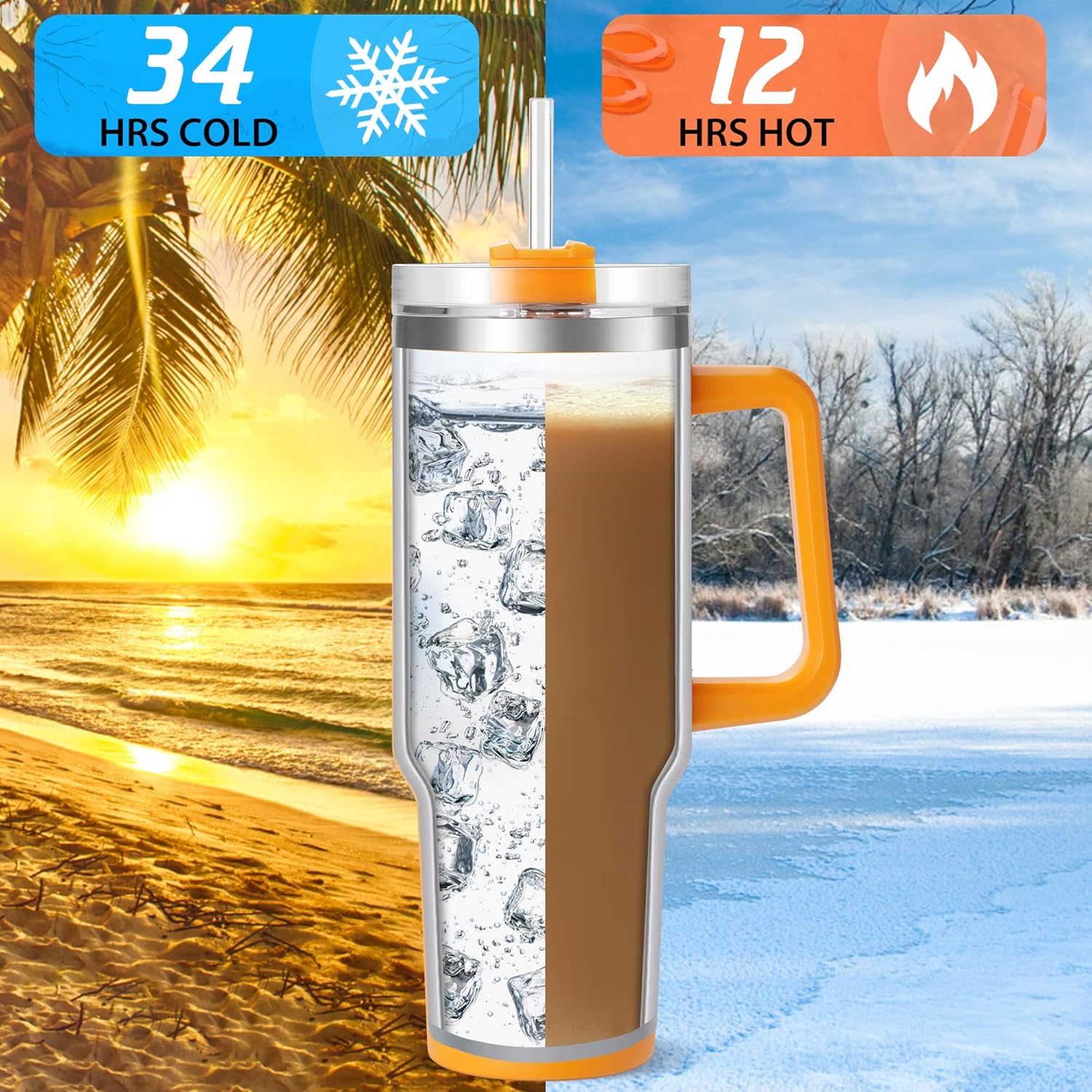 TaroKitc 40 oz Tumbler with Handle | Stainless Steel Insulated Travel Mug with Lids and Straw | Iced Coffee Cup | Keeps Drinks Cold for 34 Hours | Dishwasher Safe, BPA Free | Orange - Image 3