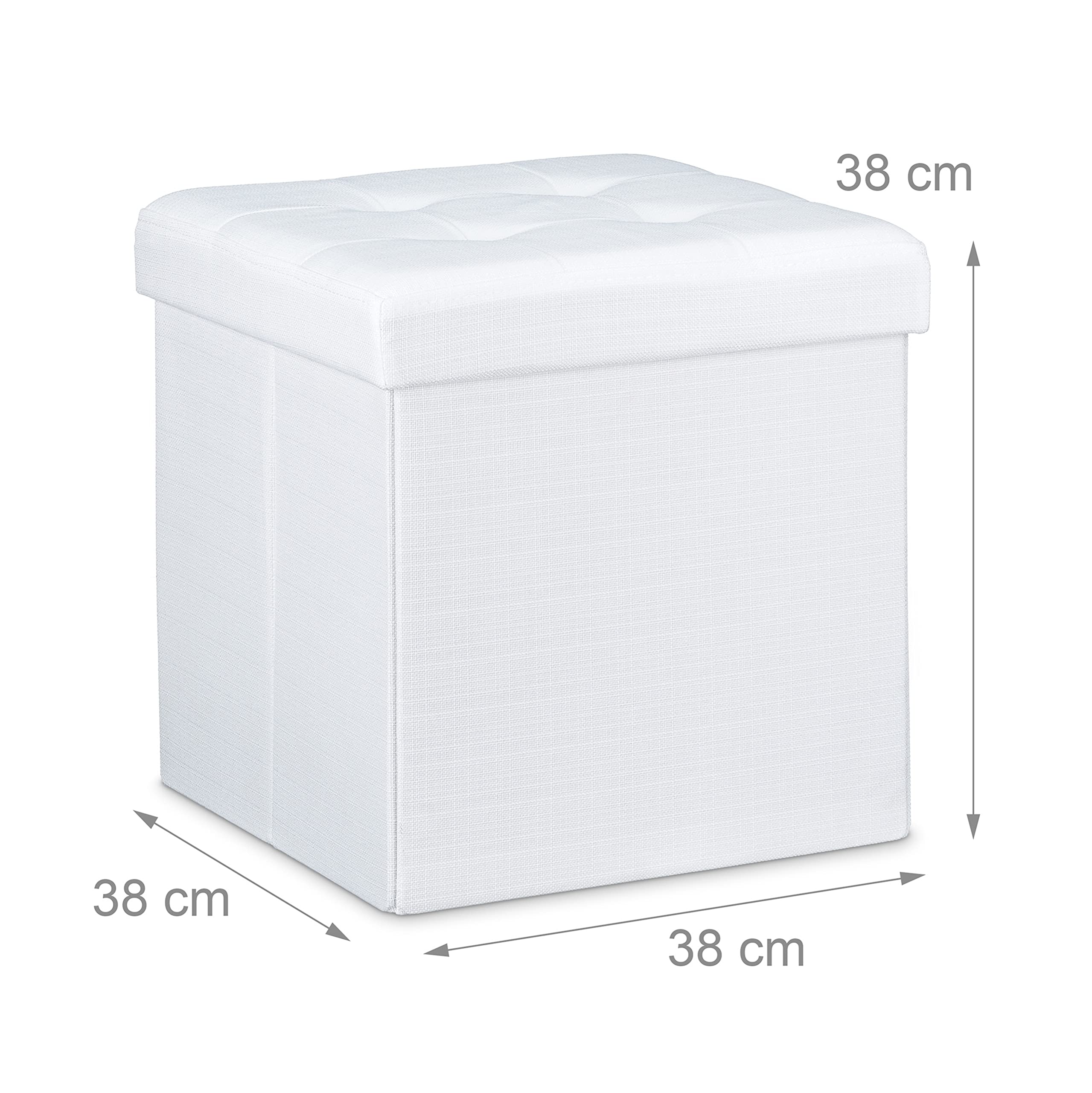 Relaxdays Pouf Pieghevole Con Contenitore, Sgabello a Forma di Cubo, Lino, Coperchio Rimovibile, 38x38x38 cm, Bianco