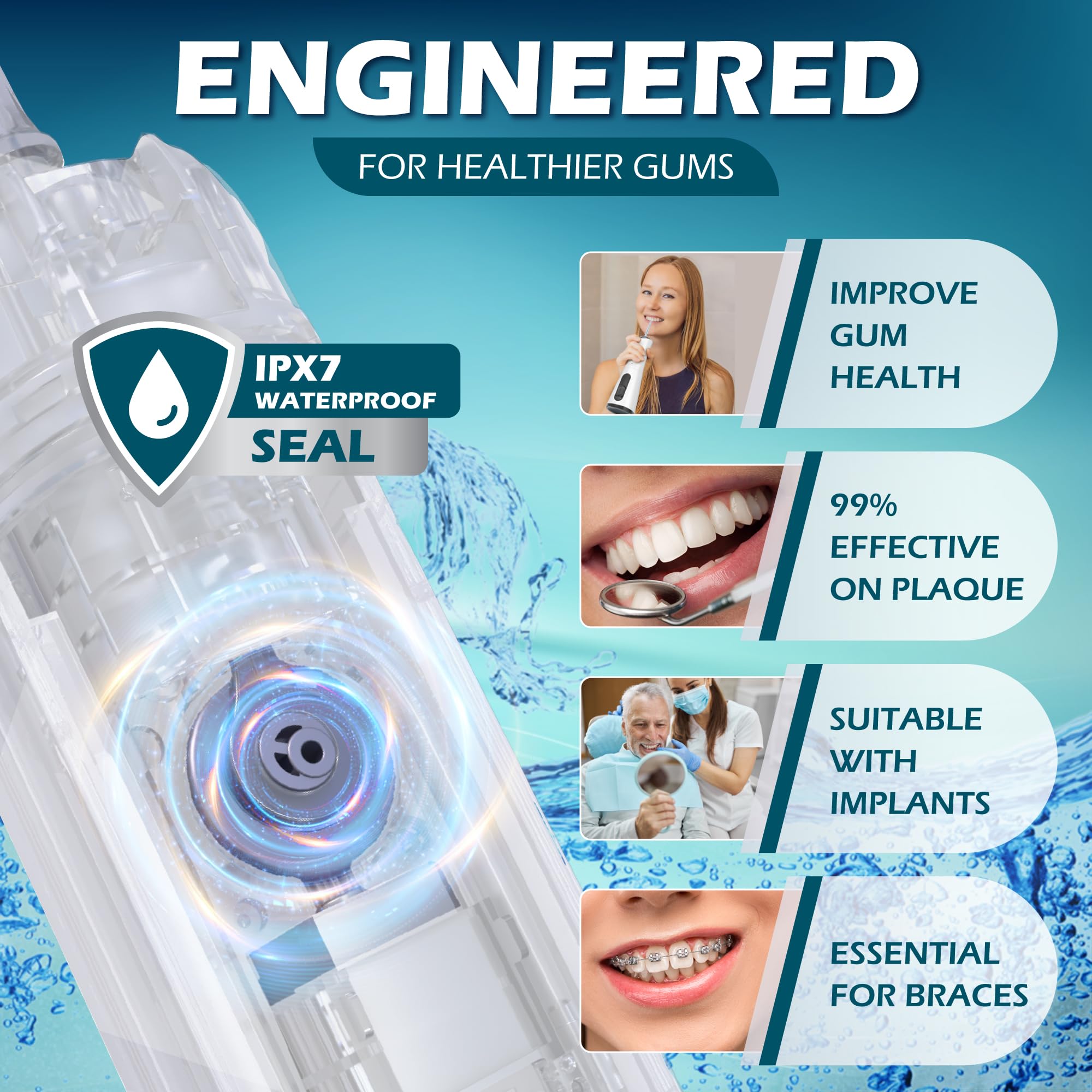 Watchful Hilo dental inalámbrico, 4 modos, IPX7 impermeable, recargable con batería de 30 días