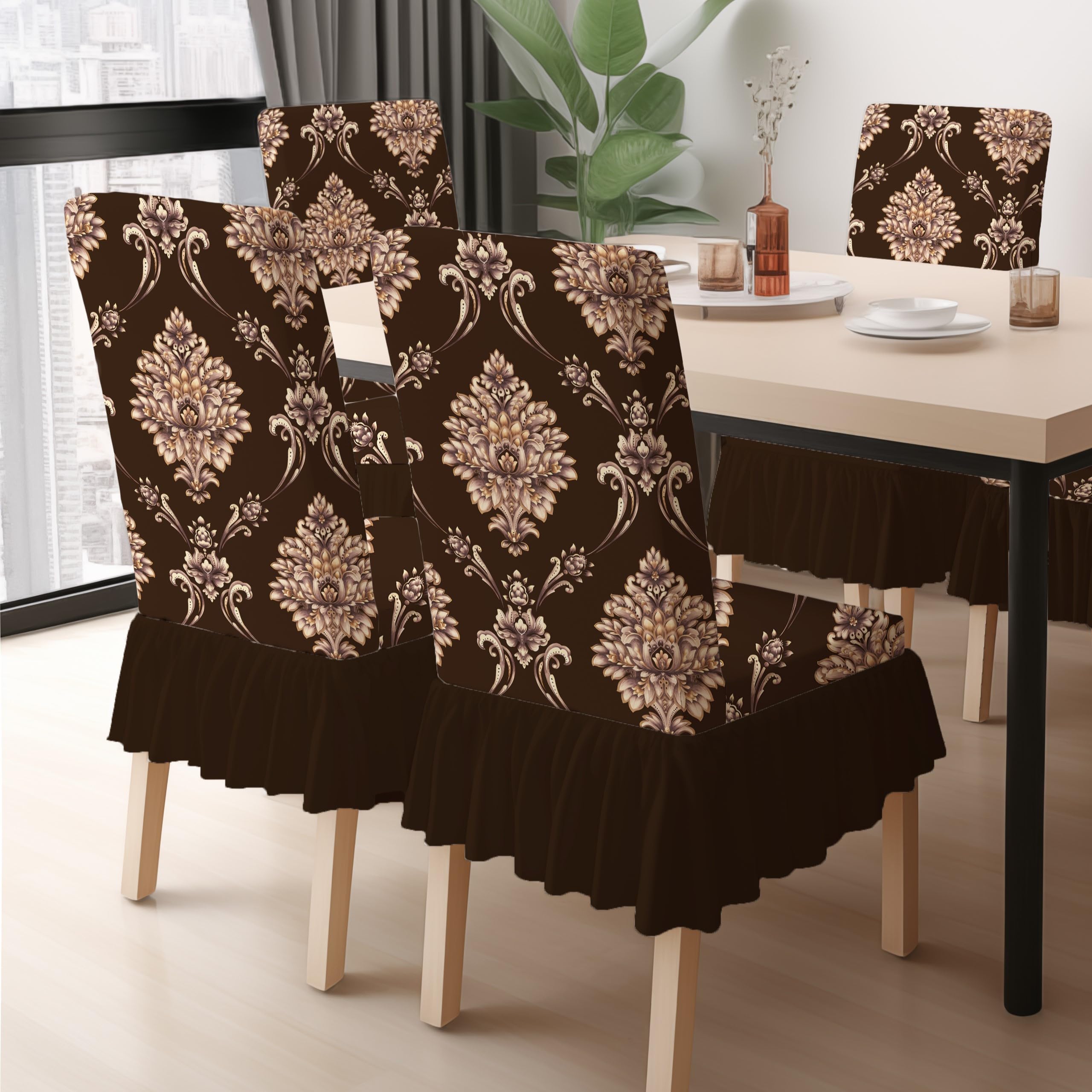BRIDA Stretchable Floral Geometric Printed Dining Chair Covers Frill Skirt Elastic Chair Seat Case Protector, Slipcovers (Coffee Damask, 4 Chair Cover)-image-1