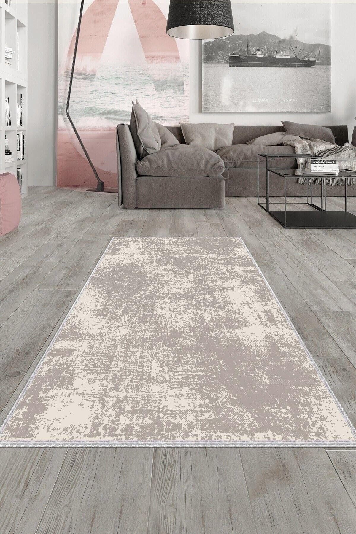 Pelangi Bej Eskitme Desen Yıkanabilir Kaymaz Taban Leke Tutmaz Modern Salon Halısı Ve Yolluk, Bej-Krem 100 x 250, 1358146100250728