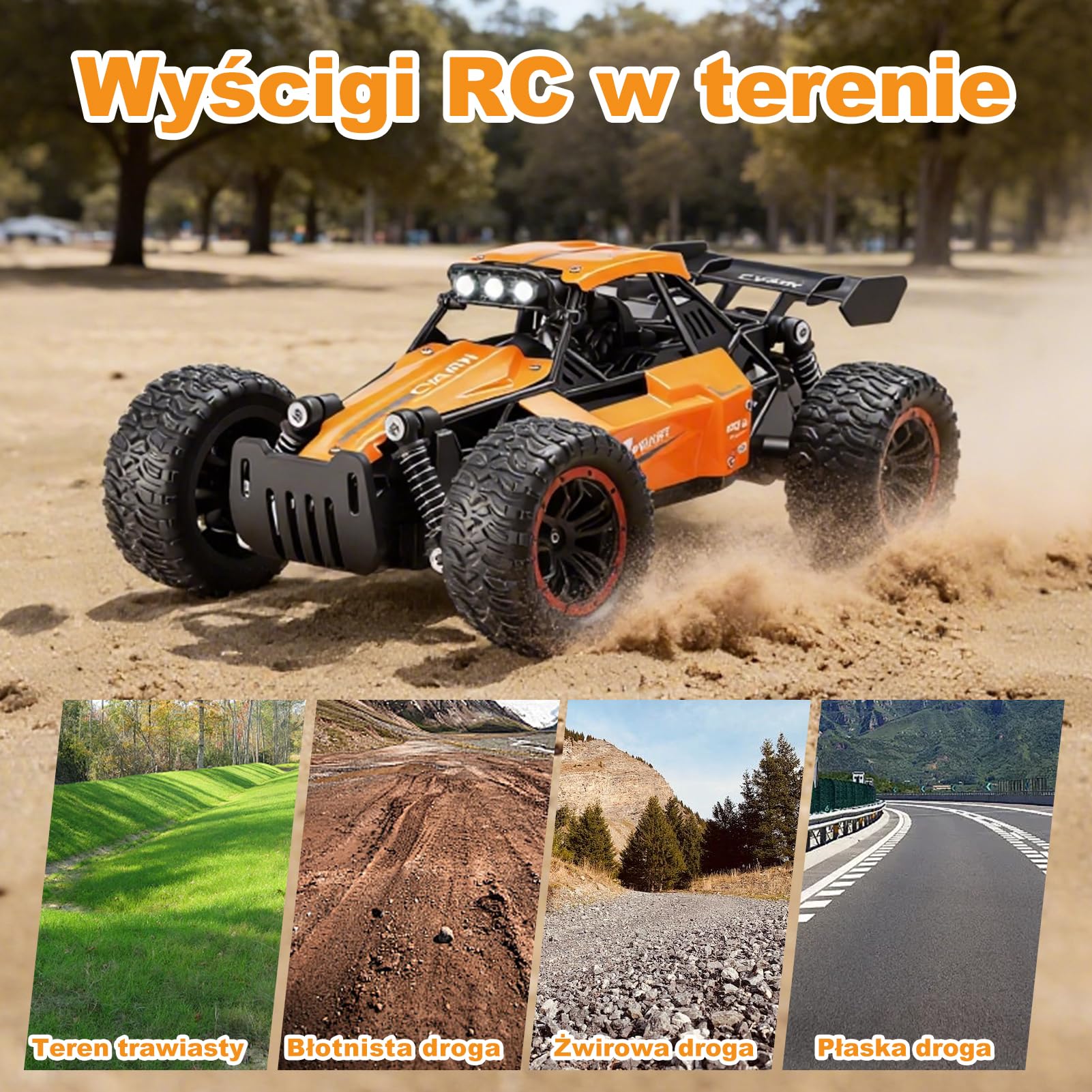Jiakora Zdalnie sterowany samochód dla dzieci, 2,4 GHz Off-Road, samochód RC ze światłem LED, zdalnie sterowany monstertruck, samochód terenowy z 2 bateriami, samochód zabawkowy, prezent dla chłopców