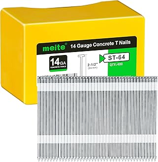 meite 14 Gauge Concrete Nails 2-1/2 Inch 8,000pcs Galvanized Hardened T-Nails for Electric or Pneumatic Nailer Gun - Wood-to-Concrete & Block & Steel, No-Bend (400PCS x 10 Boxes)