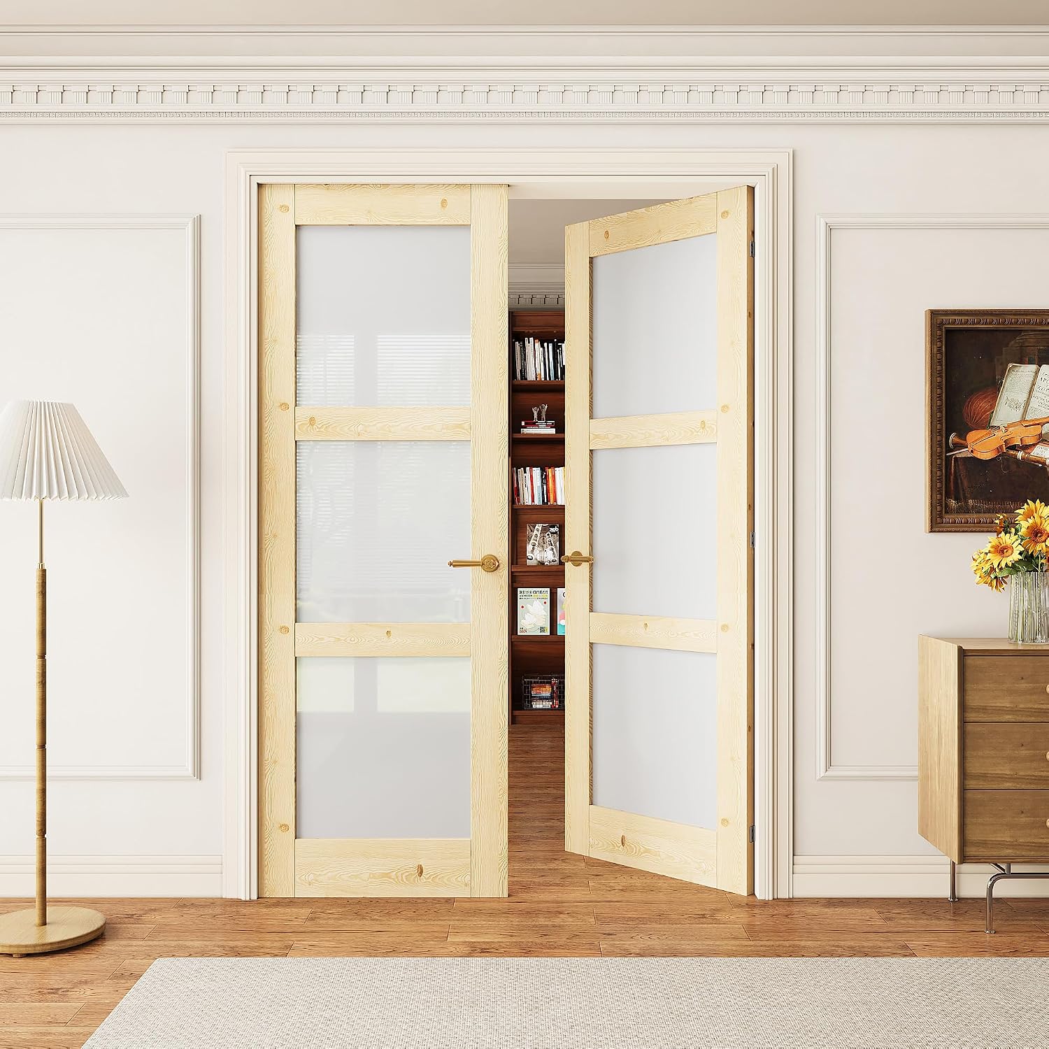 56 x 80 (Double 28 x 80) 3-Panel Prebuilt Interior Frosted Glass Door Slab, Paintable Interior Doors for Home, Bedroom, Pantry, Laundry Room as Prehung, Pocket, French, Barn Doors, Pine Wood Door