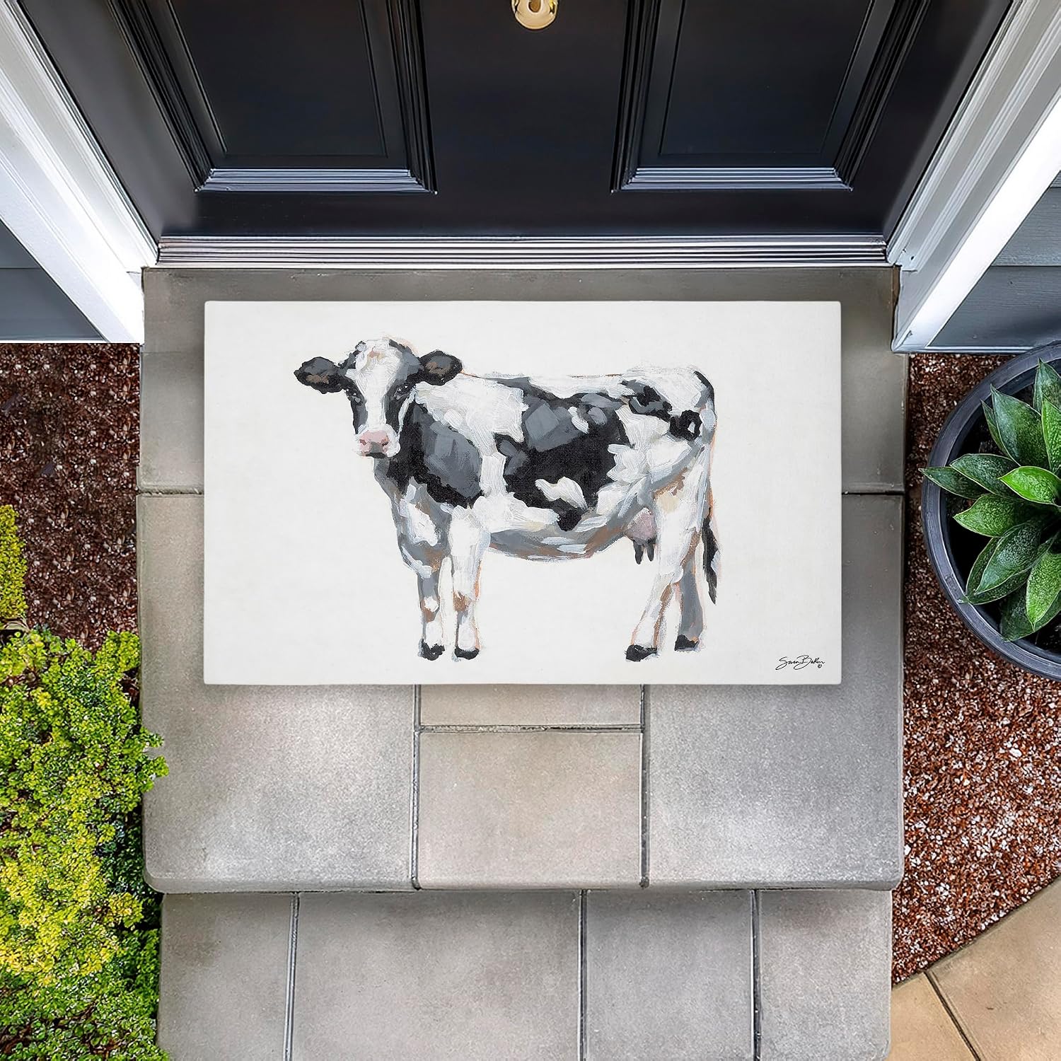 Stupell Industries Simple Farmhouse Cow Outdoor Door Mat, Durable Non-Slip Mat with Recycled Rubber Backing, Weather-Resistant Rustic Cow Design by Sara Baker, 18"x30"