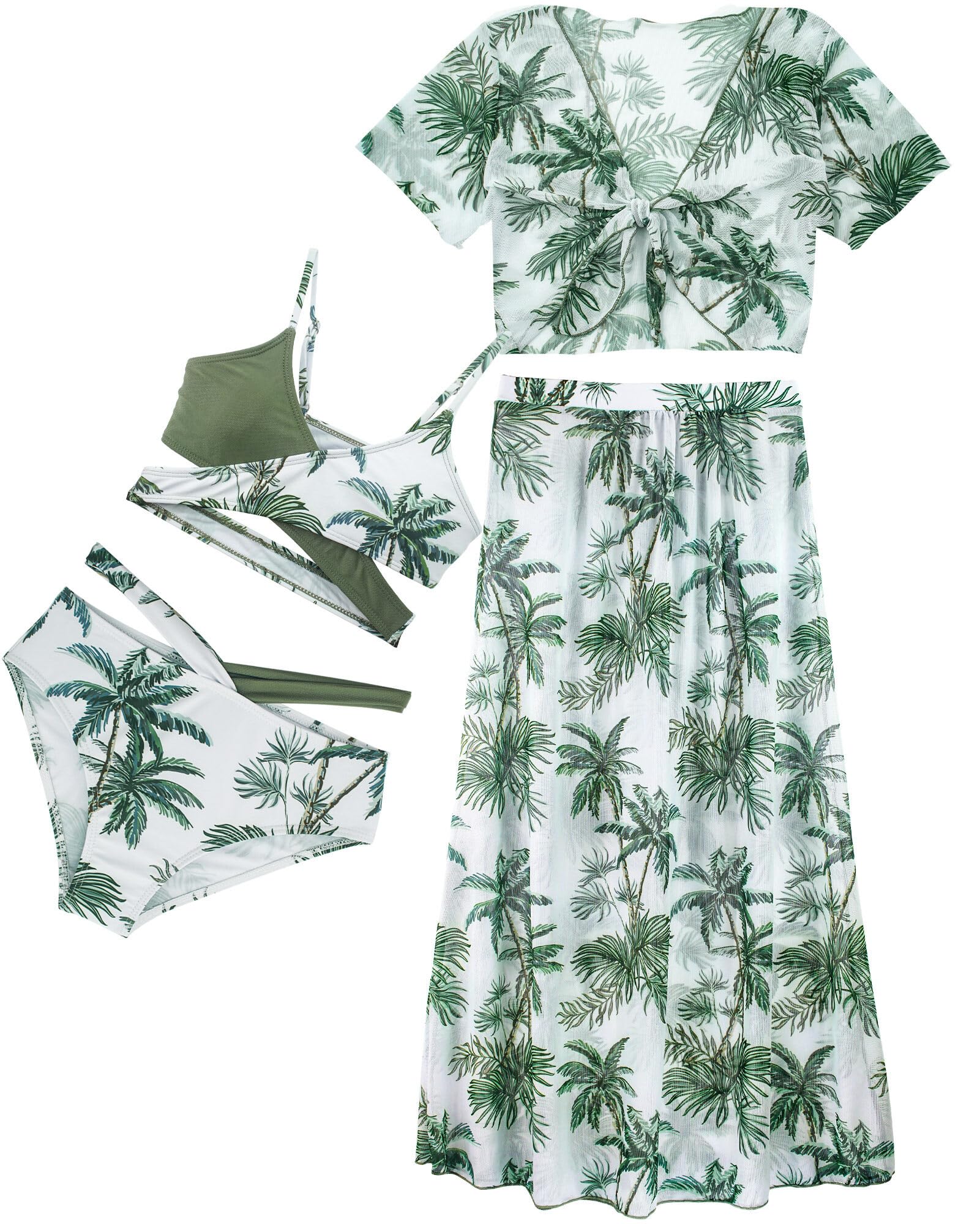 AIEOE Conjunto de bikini para niña, 4 piezas, traje de baño de verano, blusa de bikini elástico con falda larga, 8-12 años, verde, 12 años