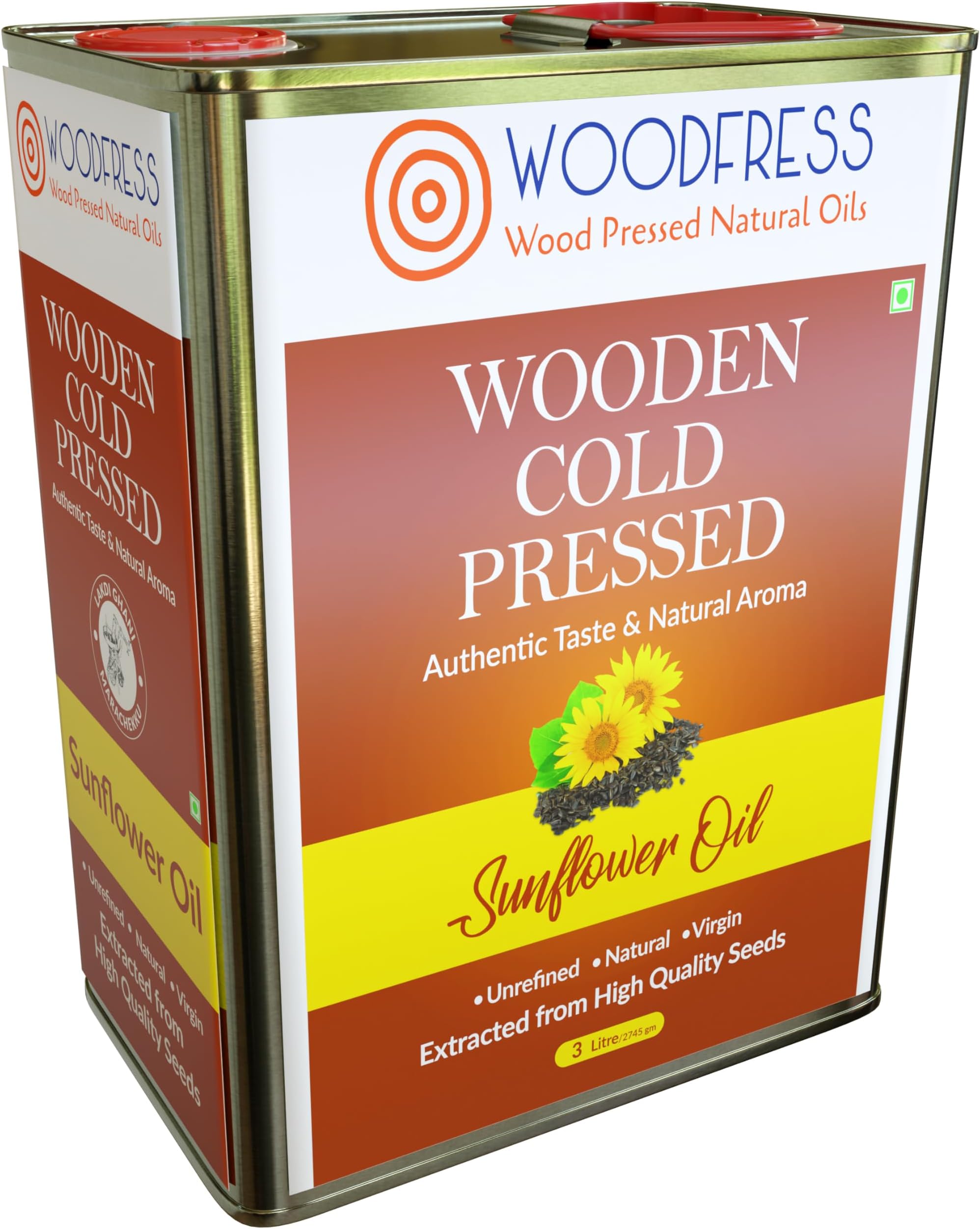 Pure Wood Pressed Cold Pressed Sunflower Oil - 3 Litre | Unrefined, Chemical-Free, Natural Cooking Oil | Extracted From 11Kg Sunflower Seeds | Nutrient-Rich Edible Oil For Cooking