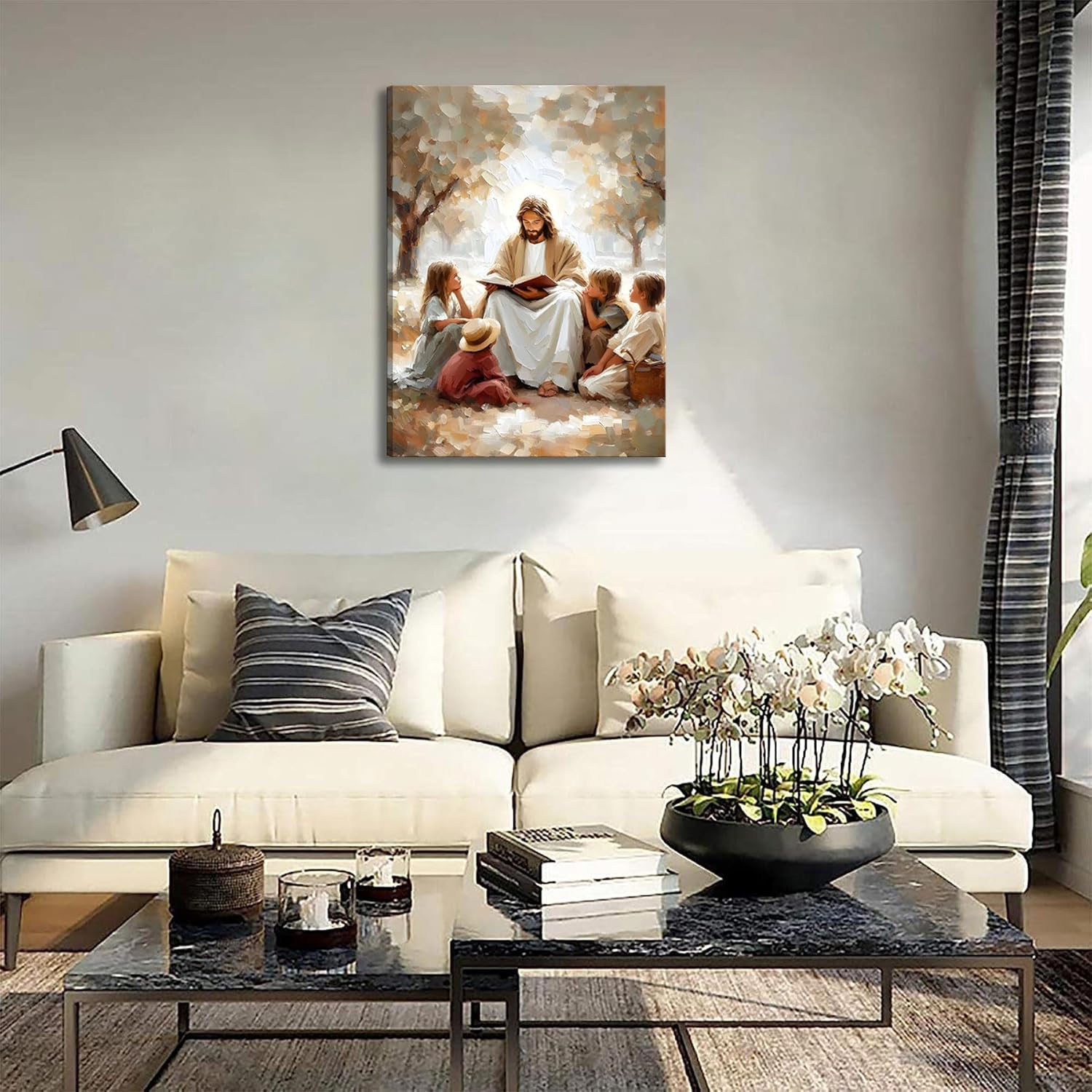 Jesus With Children Canvas Wall Art Christian Kids Room Wall Decor Picture Jesus Teaching Children Watercolor Poster Print for Kids Room Bedroom Church Decorations Ready To Hang