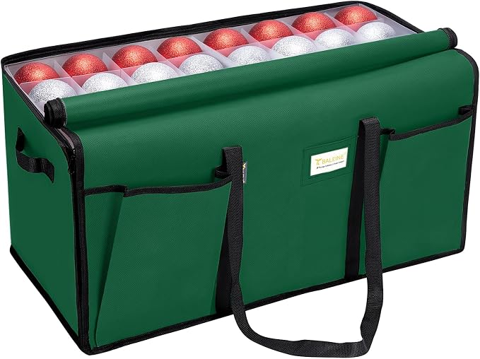 BALEINE Christmas Ornament Storage Box with Dividers, Premium Holiday Ornaments Storage Container Bin for Xmas Decorations (128 Ball, Green, Soft)