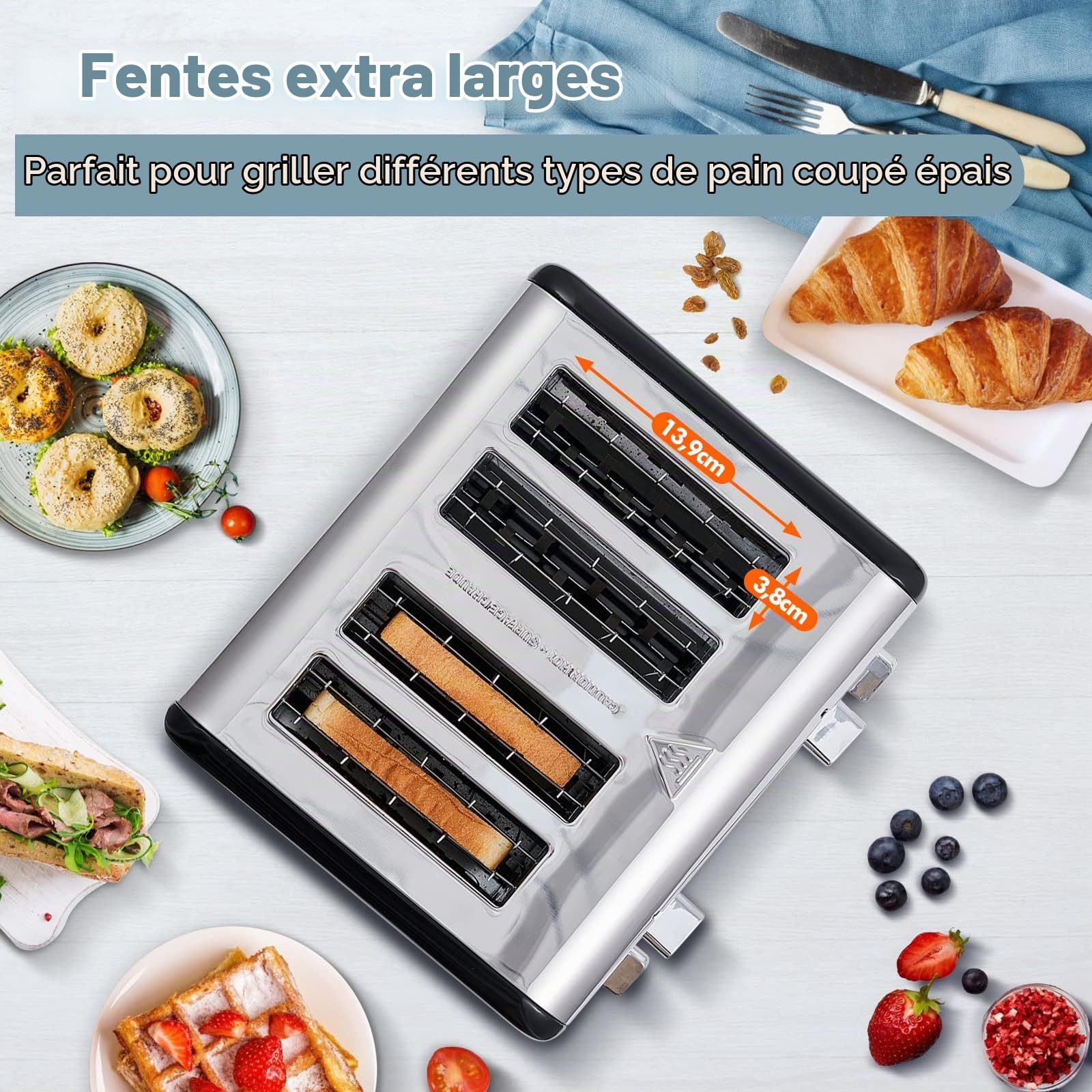Grille-pain CUSIMAX à 4 tranches Affichage LED avec fente extra large, commandes à 6 couleurs pour le brunissage, la décongélation, le réchauffage, l'annulation, plateau ramasse-miettes amovible