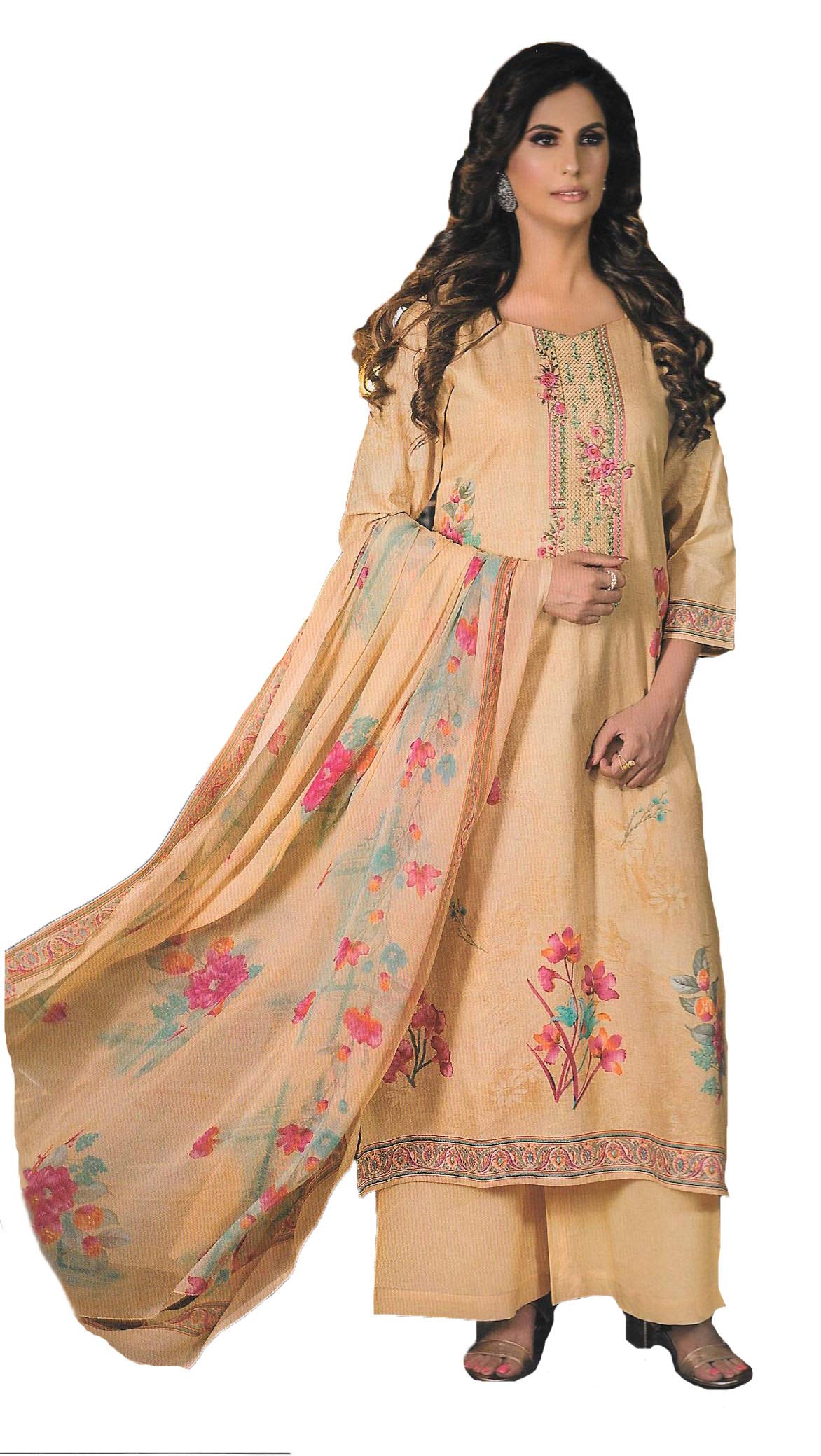 Pure Cambric Cotton Pakistani Print Embroidered Unstitched Kurta Salwar Suit Set Dress Materials with Printed Chiffon Dupatta for Women (Beige)-image-19