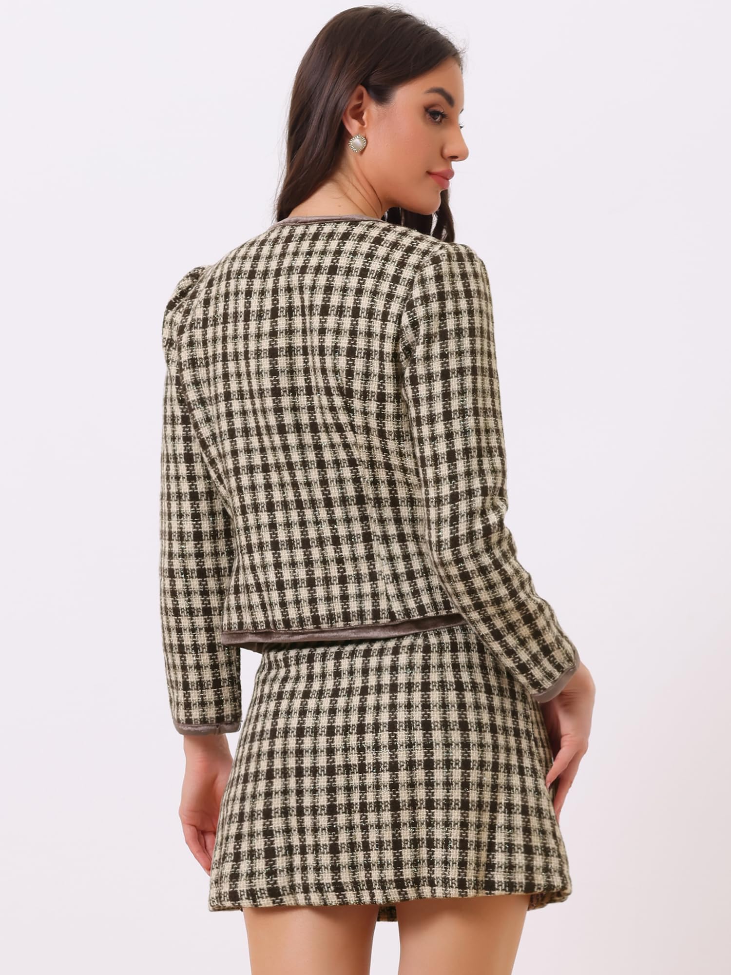 Allegra K Ensemble de Costume pour Femme 2 pièces Tenues Plaid Tweed Court Blazer Veste et Ensembles de Jupe de Noël