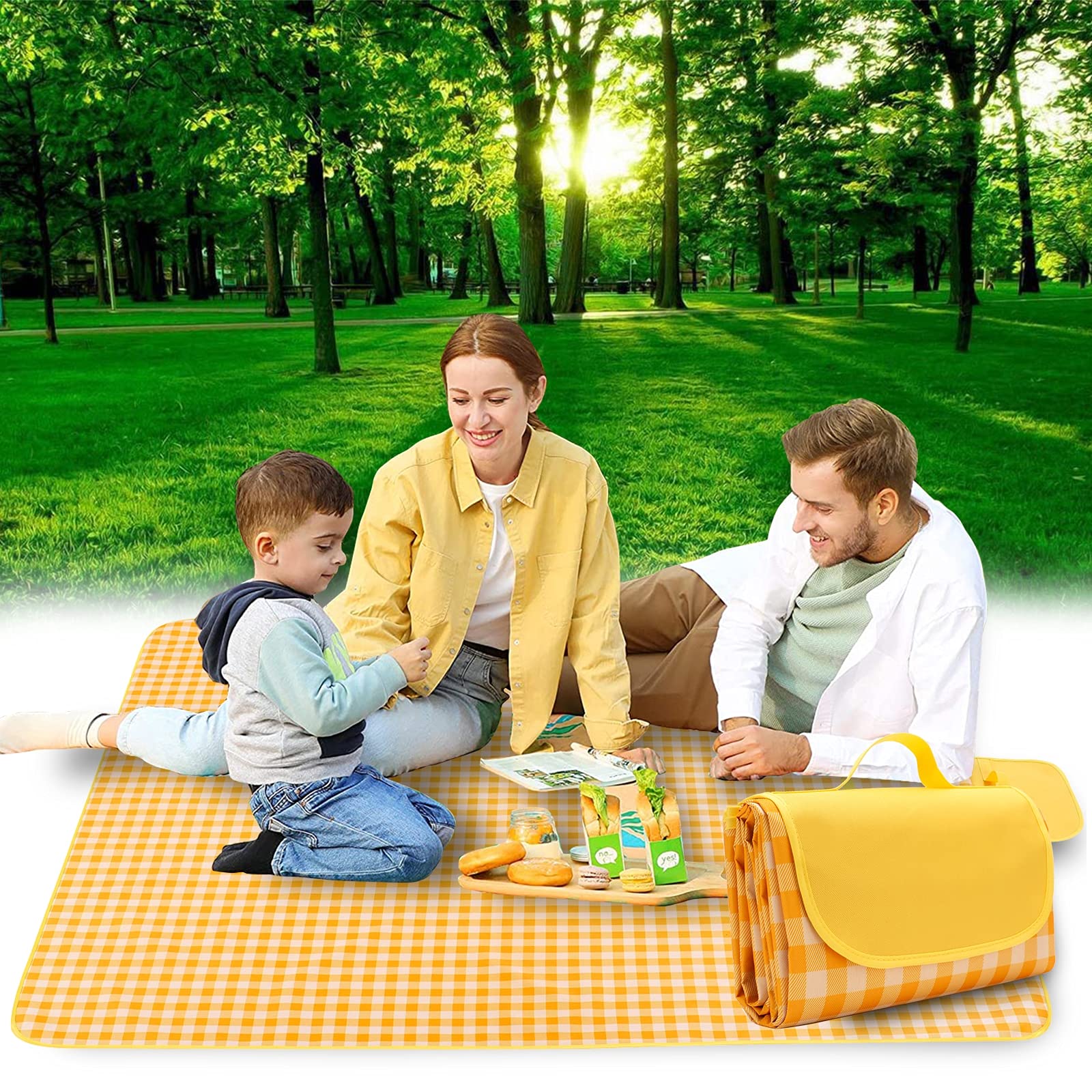 Mantel Picnic Impermeable, Esterilla Doble para Playa, Manta XXL Picnic, Mantel Picnic para Suelo Playa JardíN Parque, Plegable, con Asa,Amarillo,195x200cm