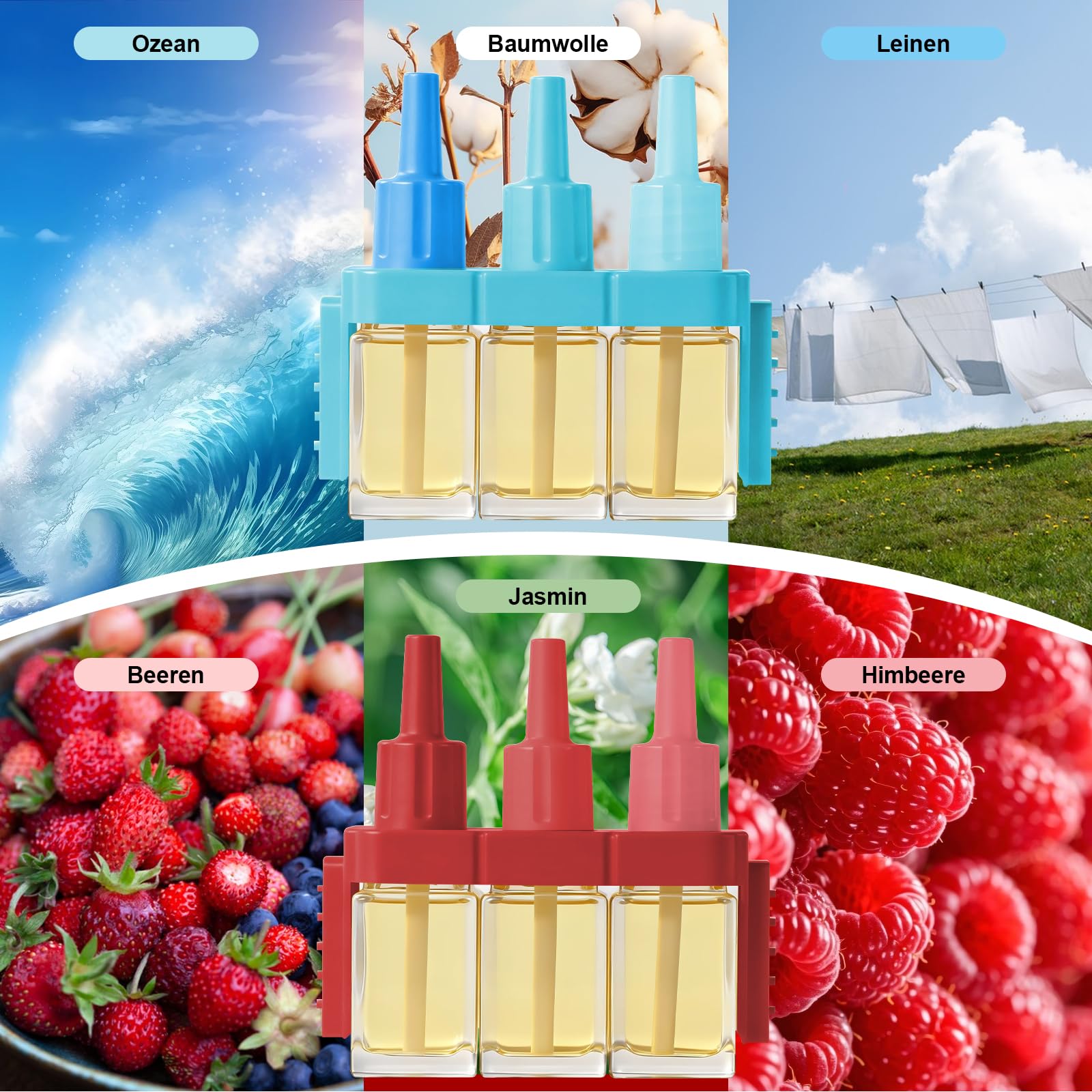 Désodorisant Électrique, 8 Recharges de 20ml avec 3 Parfums en Alternance, Combat les Odeurs en Continu, Convient pour Febreze 3 Evolution - Lin, Coton, Océan, Framboise, Jasmin, Baies