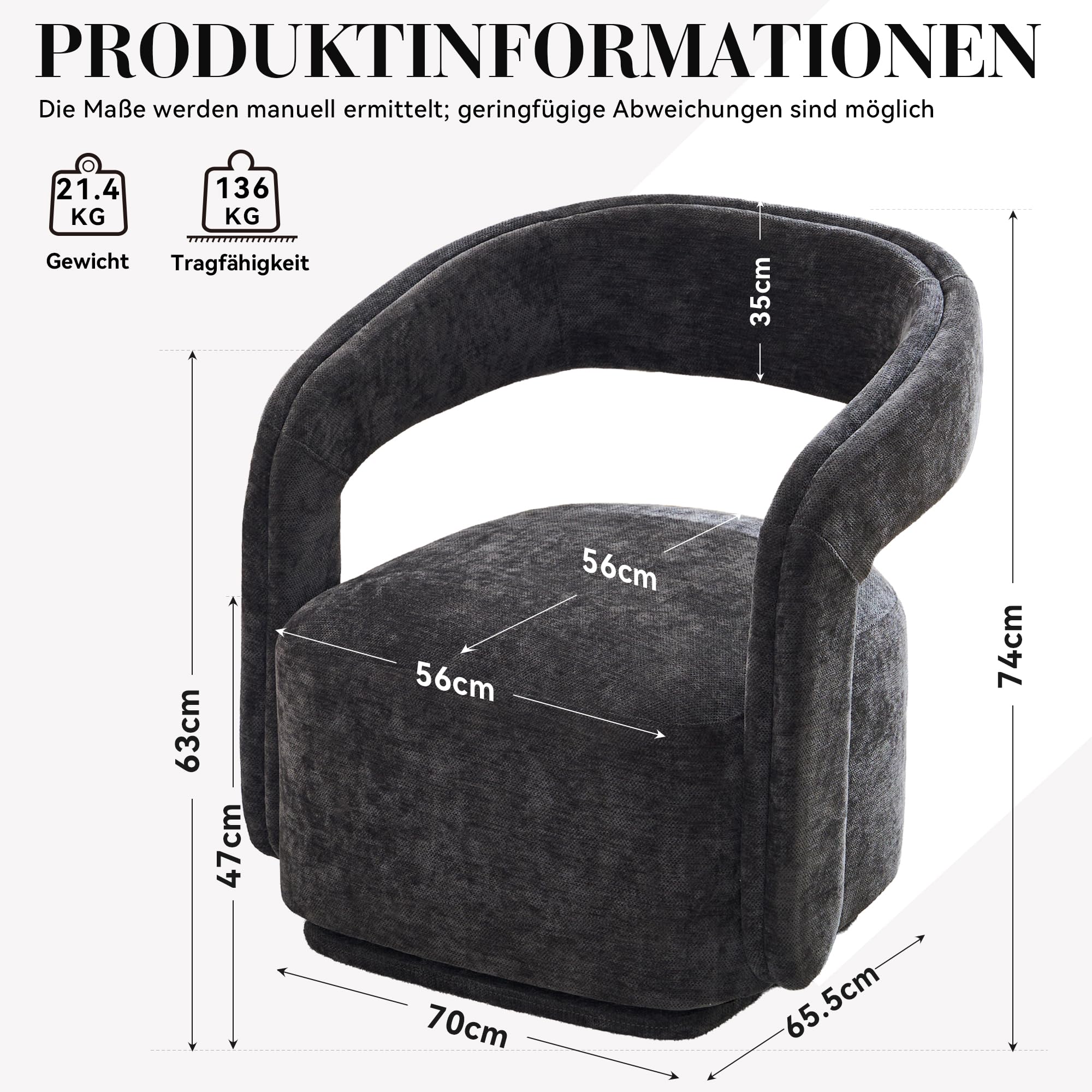 DEKKETO Chenille Oversize Drehsessel mit geschwungener Rückenlehne, Grau