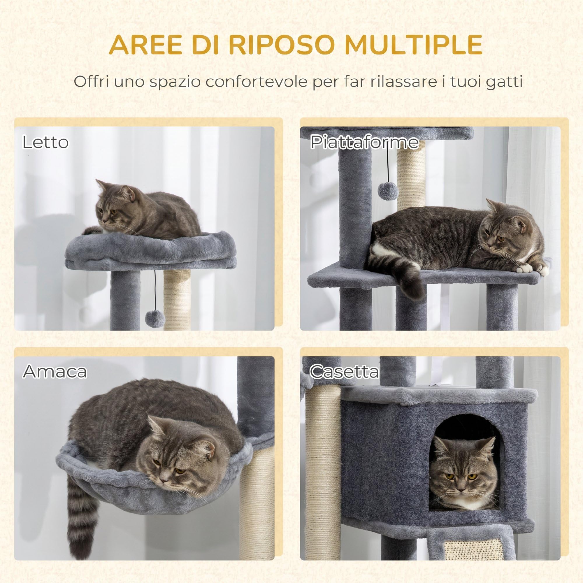 PawHut Albero Tiragraffi per Gatti Multilivello Alto 127 cm, Grigio