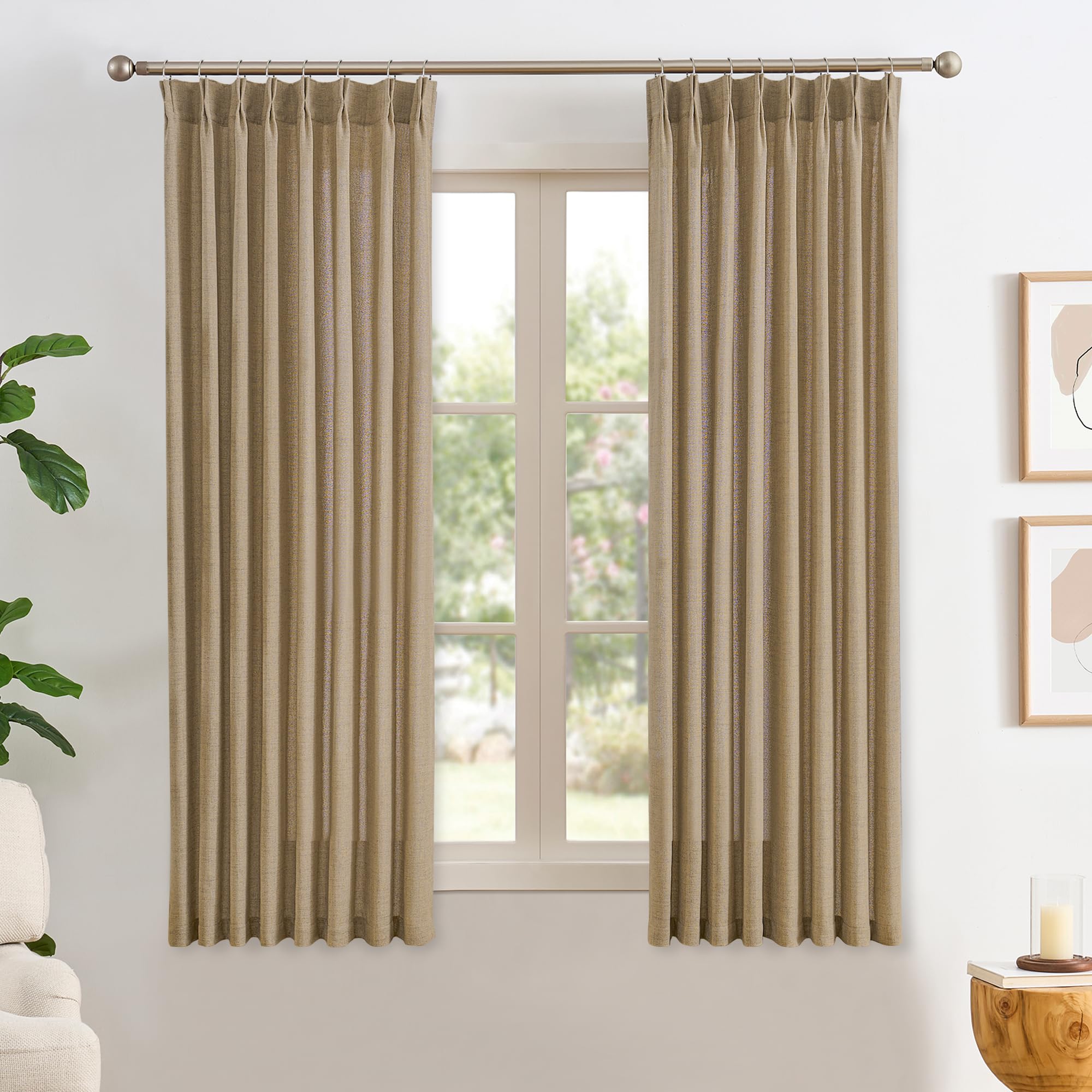 Dark Flax Pinch Pleated Linen Curtains 45 Inches Long Semi Sheer Memory Trained Ripple Fold Curtain with Hooks Back Tab Textured Light Filtering Drapes for Bedroom Living Room 42x45 Set of 2 — image 1