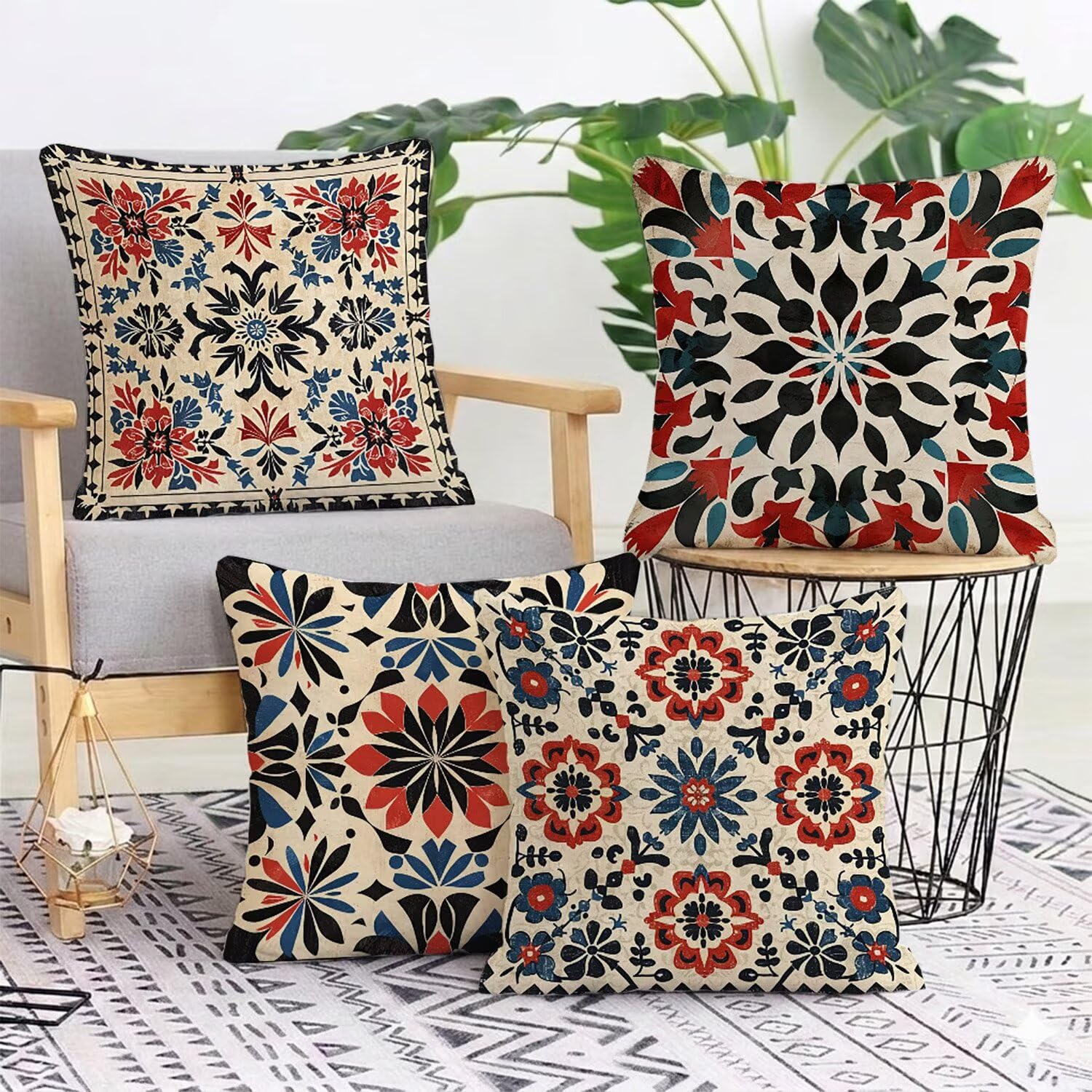 Poduszka outdoorowa, wodoszczelna, zestaw 4 poszewek na poduszkę w stylu boho, 55 x 55 cm, krótkie, pluszowe, kwadratowe, na kanapę, na sofę, taras, meble ogrodowe, balkon, do salonu, dekoracja retro