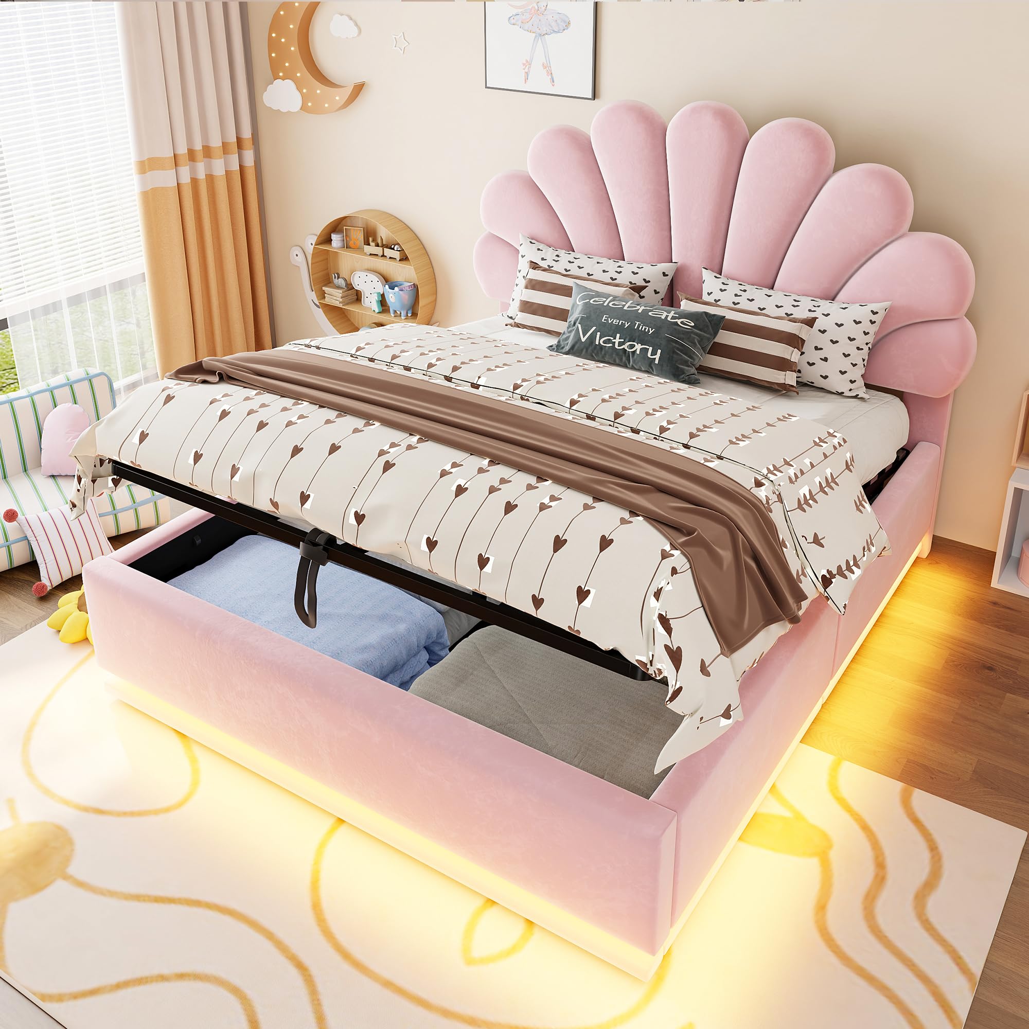 letto matrimoniale con contenitore idraulico,LED,140x200cm,rosa