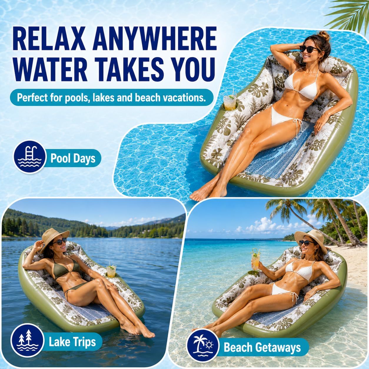 Generisch Inflatable Pool Lounge Chair,Aufblasbarer Pool-Liegestuhl, Can Be Used By Two People 3-In-1 Inflatable Pool Lounge Chair, Floating Chair for Party Summer Water Beach Lake Fun (Grün)