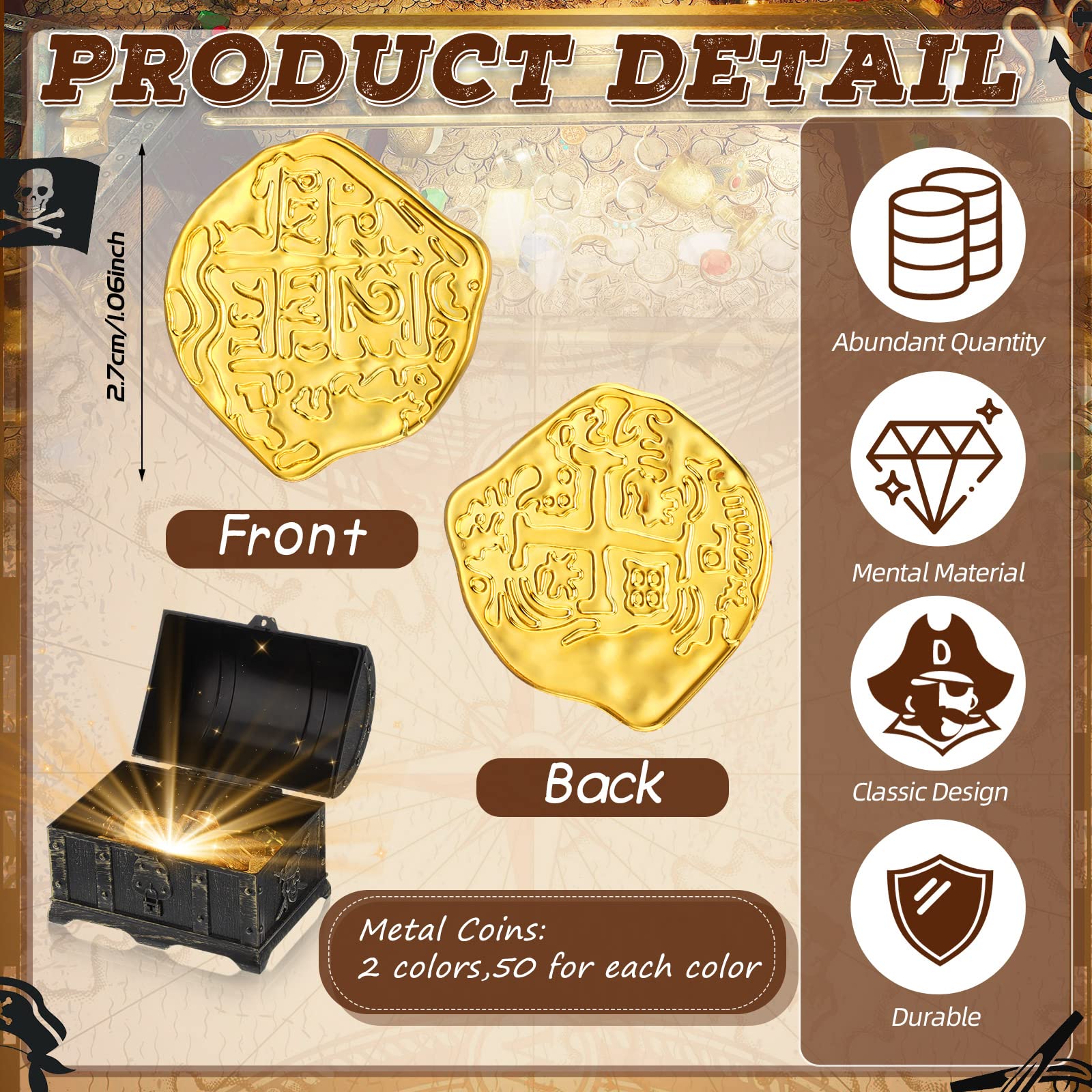 Hanaive 100 Pcs Metal Pirate Coins Bulk Gold Fake Coins Spanish Doubloon Tokens for Kids Board Games Pirate Party Cosplay(Irregular)