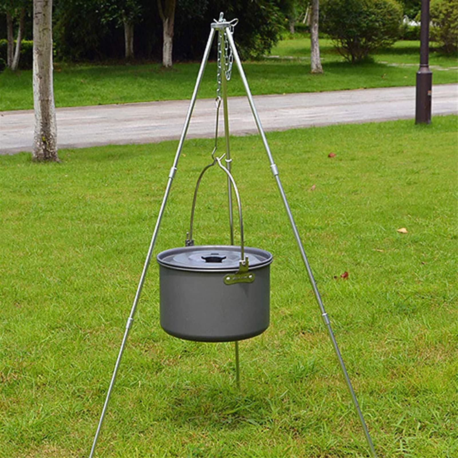 QETU Grilling Tripod Set, Outdoor Cooking Tripod, Foldable Portable BBQ Picnic Camping Dutch Oven Lantern Hanger with Storage Bag(without Pot)