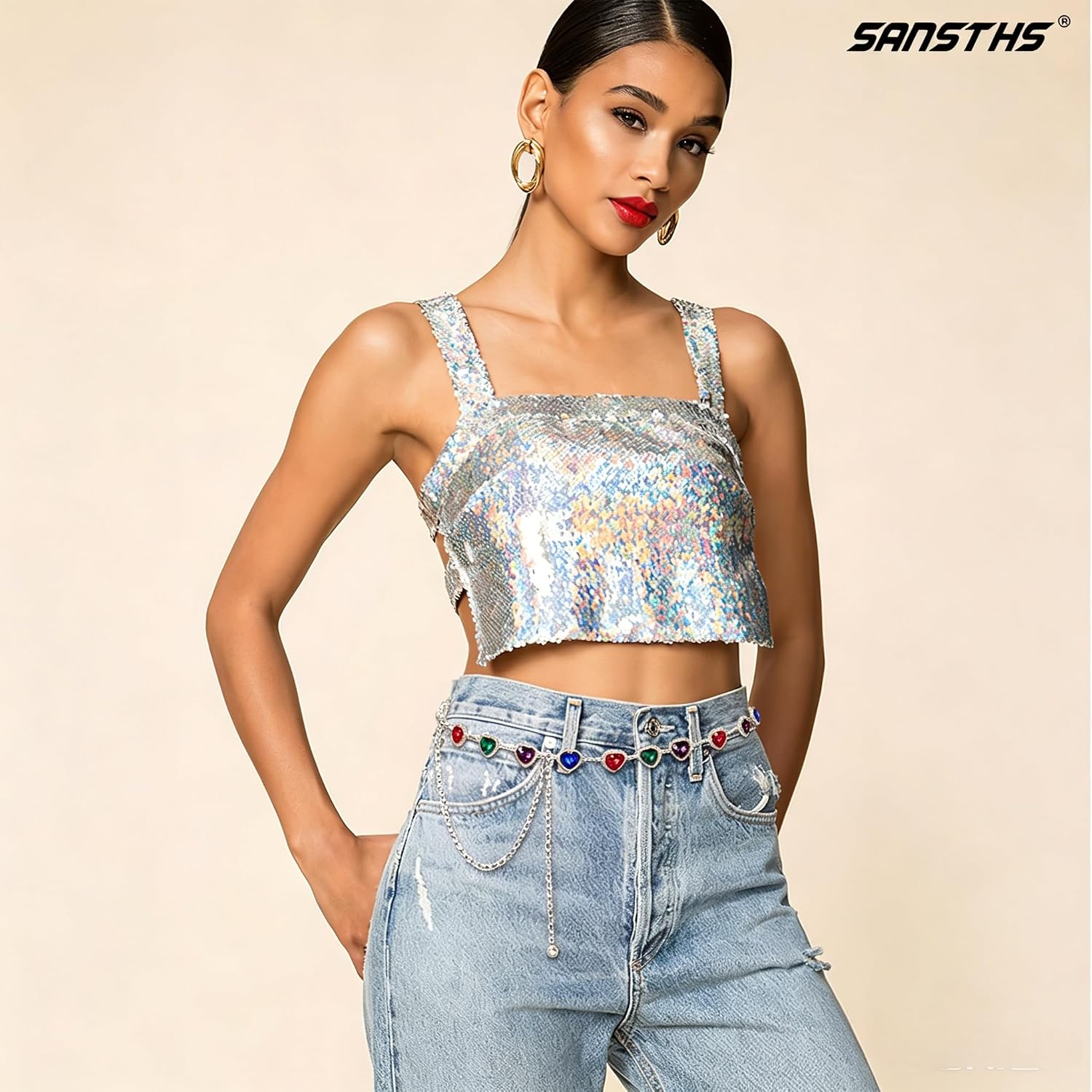 SANSTHS Women Western Rhinestone Belt Gem Concho Chain Belt for Dress Jeans image 3