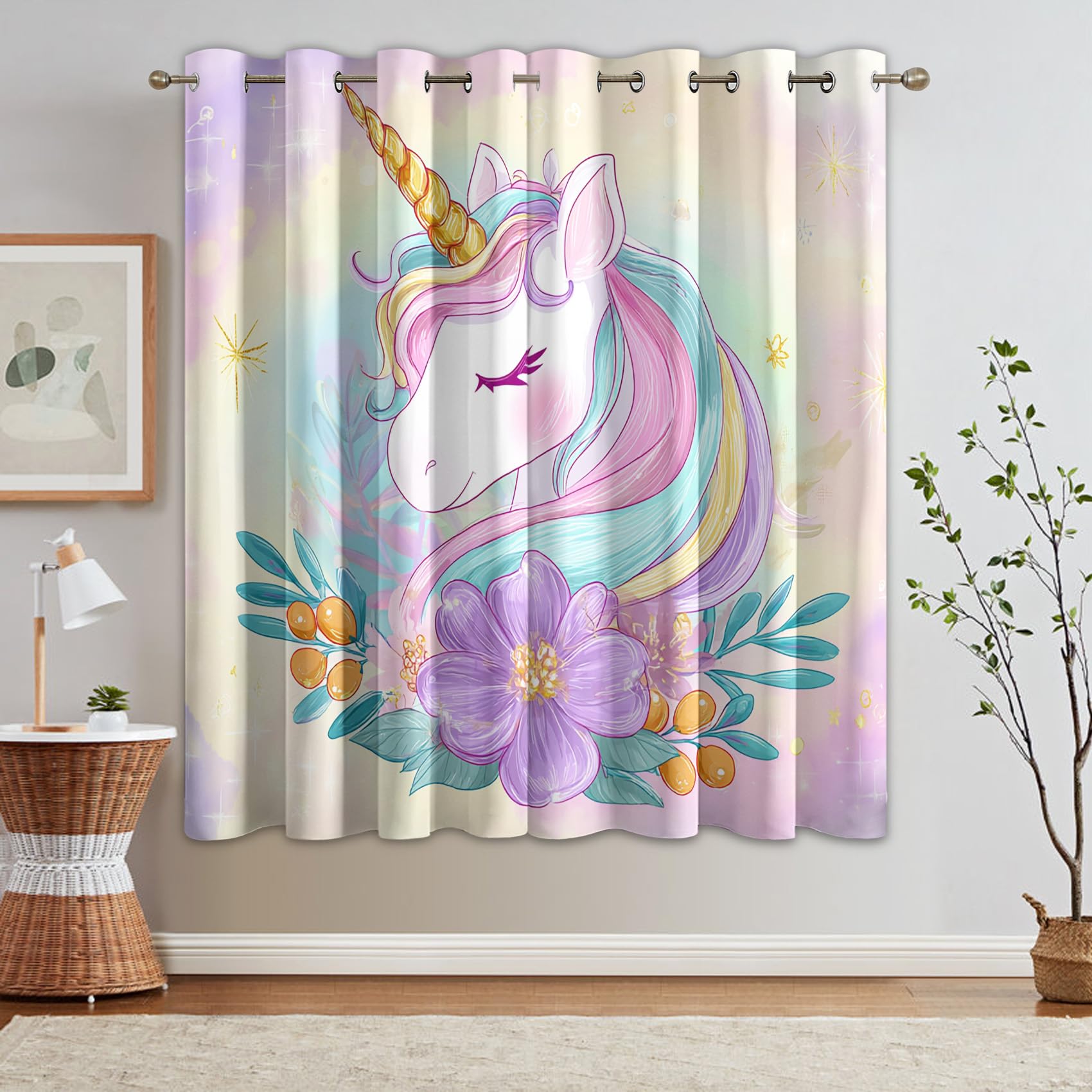 Kinder Mädchen Vorhang Mit ösen Blickdicht, Pferde Blumen Lila Vorhänge Schlafzimmer Wohnzimmer Küche 140 x 200 cm Lang, Übergardinen Innen Verdunklungsvorhänge