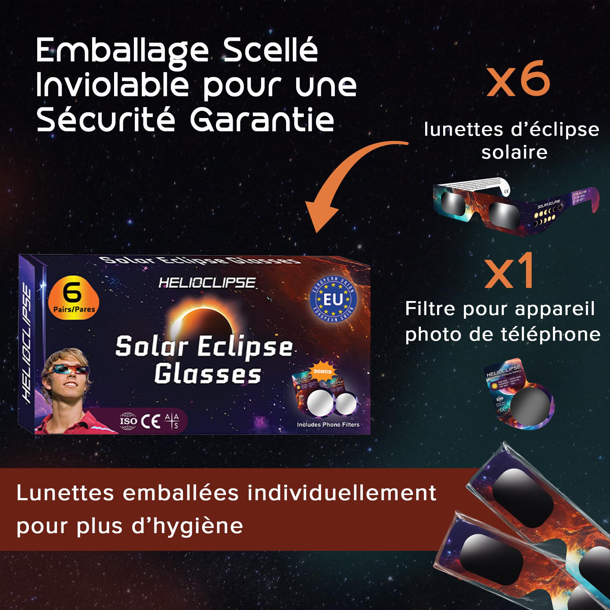 Helioclipse - Lot de 6 lunettes pour éclipse solaire conçues pour l’observation sécurisée des éclipses de Soleil totales ou partielles - Bonus 1x filtre pour téléphone