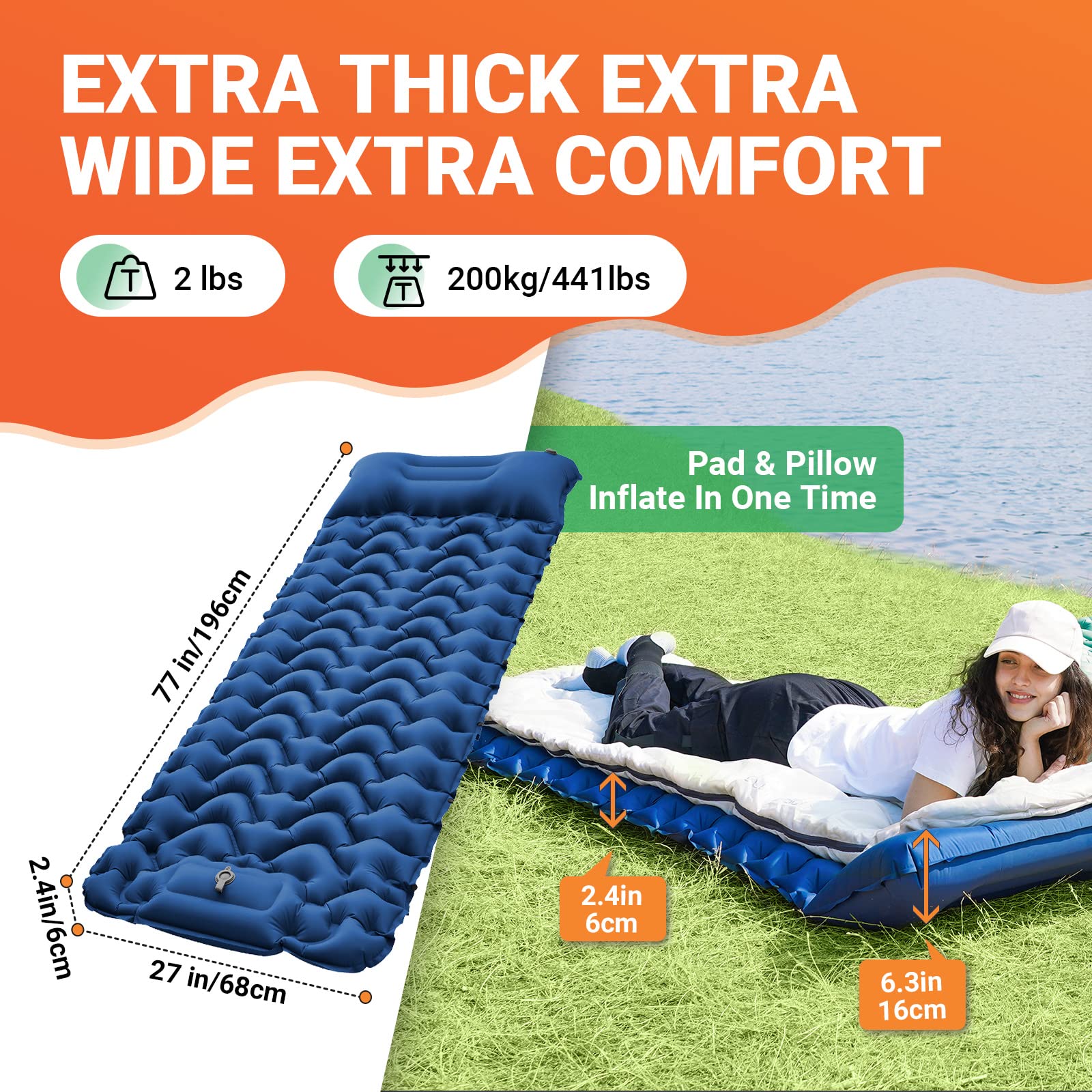 KingCamp Sleeping Pad for Camping, Inflatable Sleeping Pad Ultralight Connectable Camping Mattress with Pillow Built-in Foot Pump for Backpacking Hiking Tent Cot (Grey)