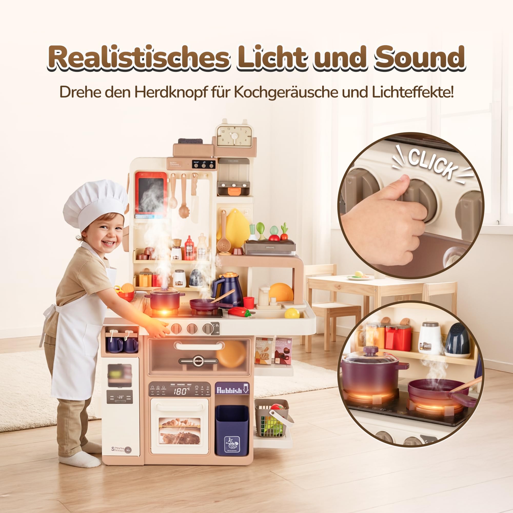 Kinderküche mit Licht, Sound, Wasser & Dampf – Realistische Spielküche ab 3 Jahren – 88-teiliges Zubehör, Eierkocher, Tafel & Dunstabzug – H 93 cm, Stabiler Kunststoff mit Waschmaschine