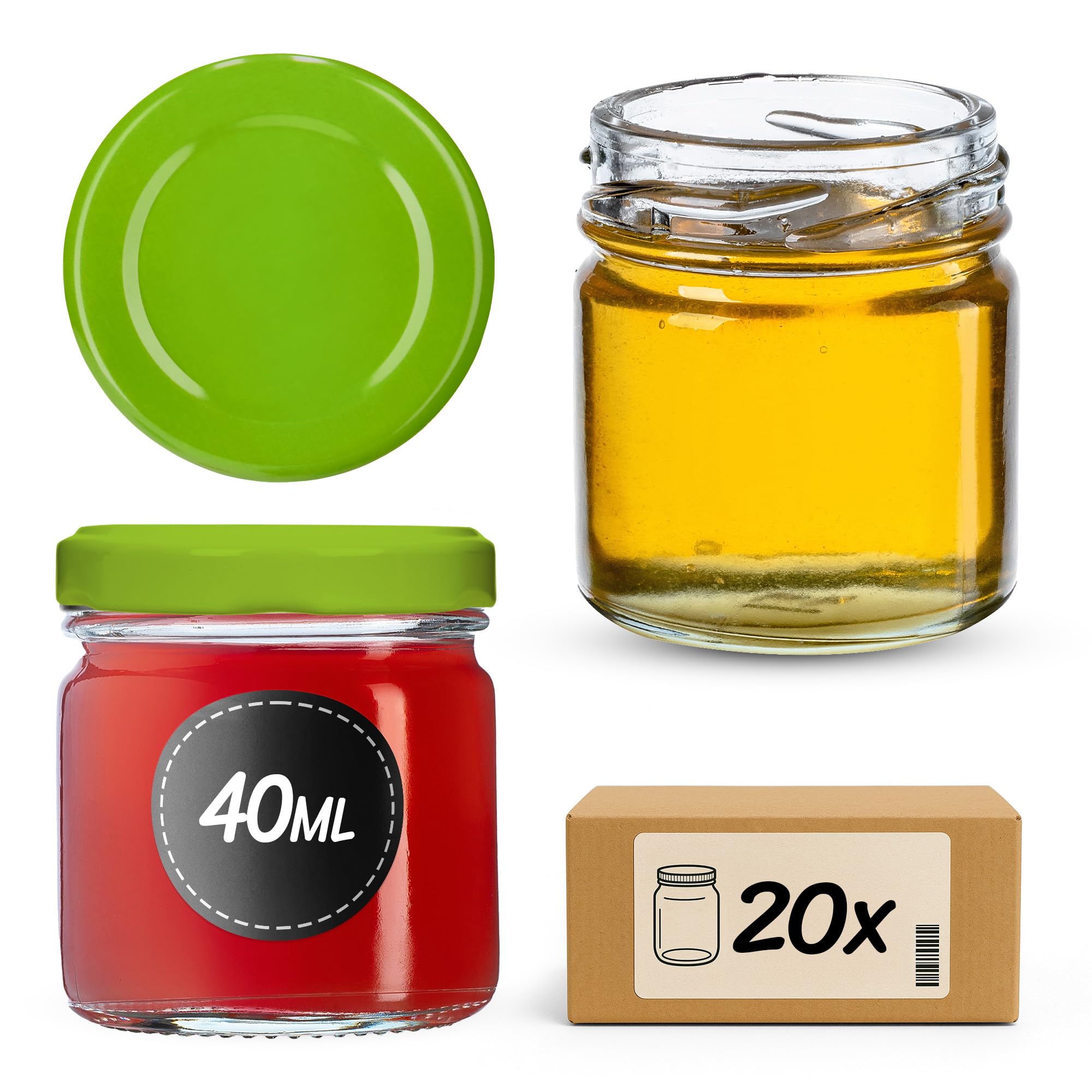 KADAX 20st Mini Gläser 40 ml mit Schraubdeckel fi 43mm, Einmachglas, Gewürzgläser mit Deckel, Sturzglas, Probiergläser, Marmeladengläser, kleine Honiggläser (20 Stück, Grün Deckel)
