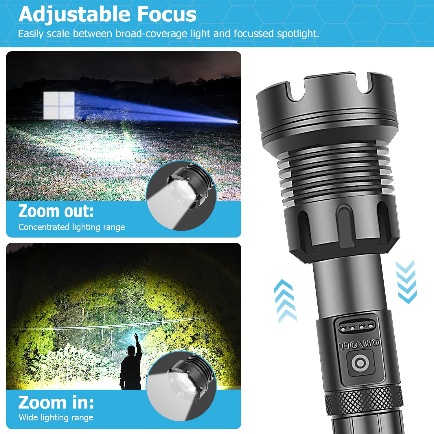 Lampe Torche Tactique LED 90 000 Lumens - Noire, Zoomable, étanche, Rechargeable