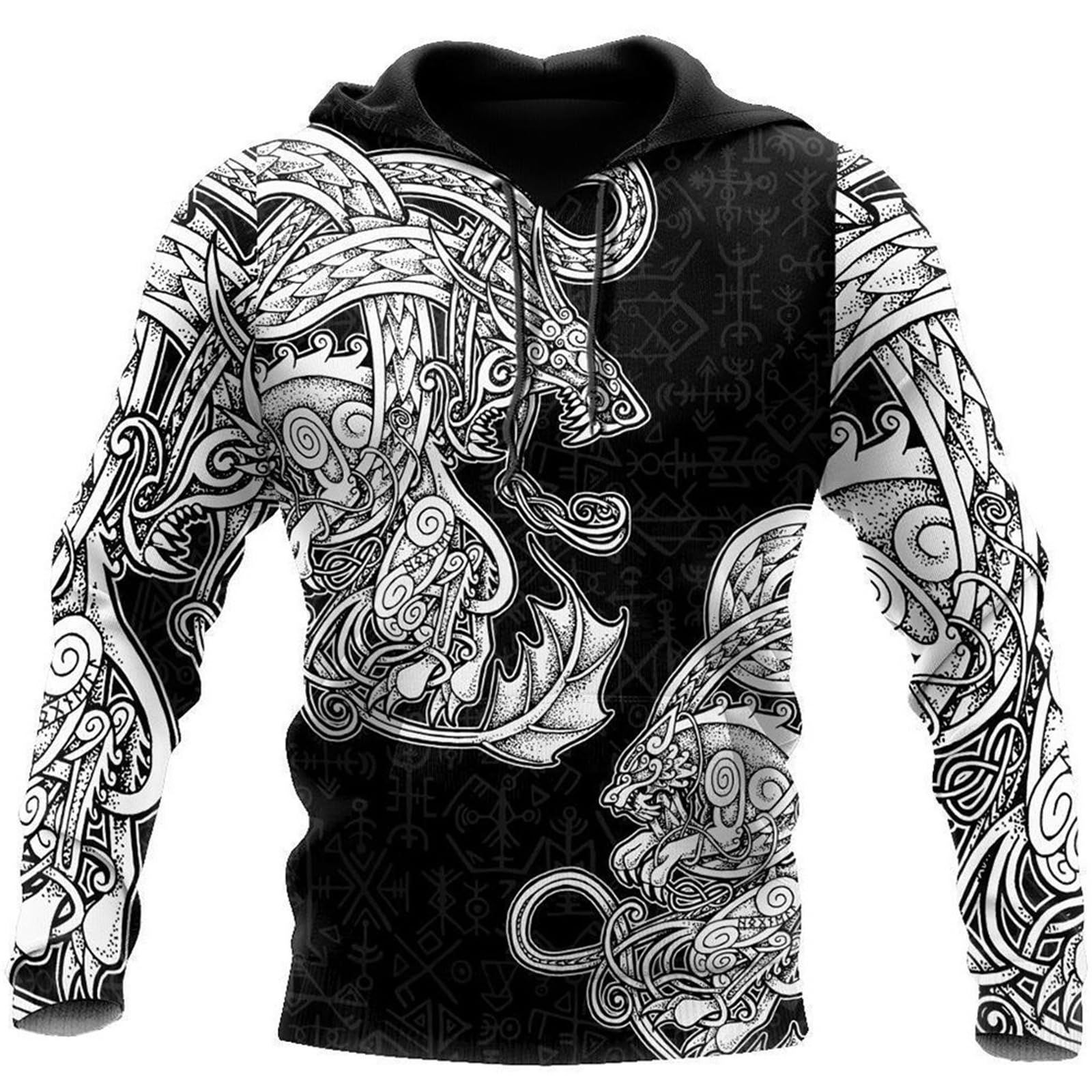 Men's Viking Hoodies Wolf 3D Printed Long Sleeve Sweatshirt Norse Mythology Loose Casual Sweatshirt with Pocket