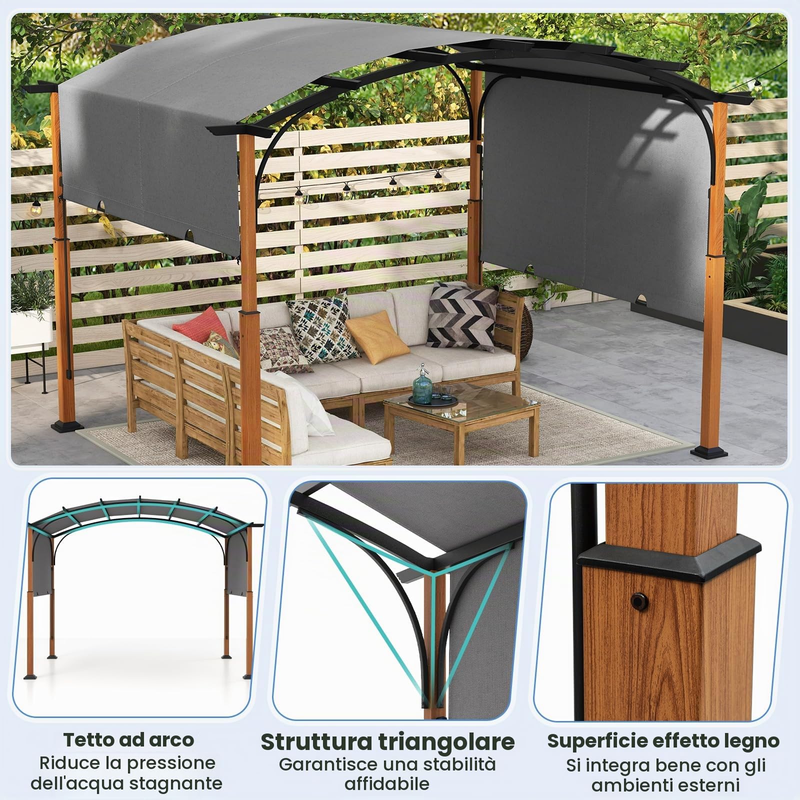 HOMASIS Pergolato Curvo 3,6 x 3m, Gazebo da Giardino con Copertura a Scomparsa, Gazebo Esterno Resistente con Tetto Regolabile in Poliestere, Tettoia per Esterno, Cortile (Grigio)