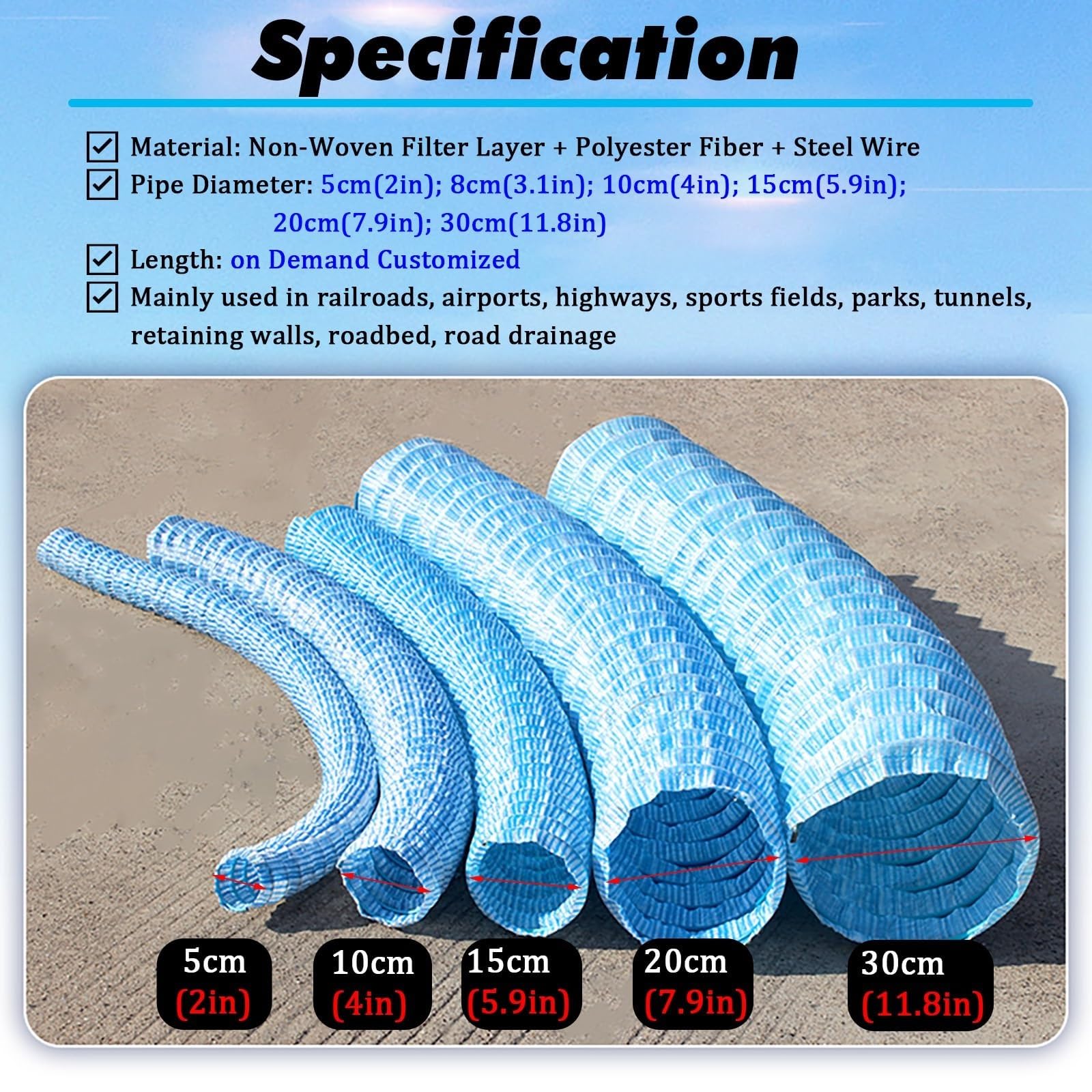 Tubo de drenaje permeable perforado, funda filtro no tejida, alambre acero espiral, flexible enterrado para patio, sótano, carretera, césped(Dia-15cm(5.9in),L110ft/33.5m)