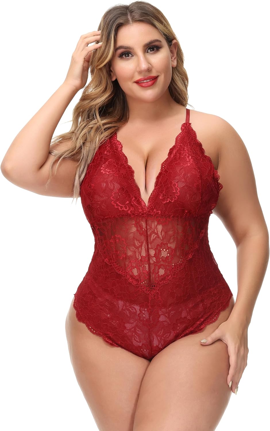 Aranmei Sexy Plus Size Teddy Lingerie,Snap Crotch Lace Bodysuit,Deep V One Piece Lingerie for Women 1X-4X - Image 2